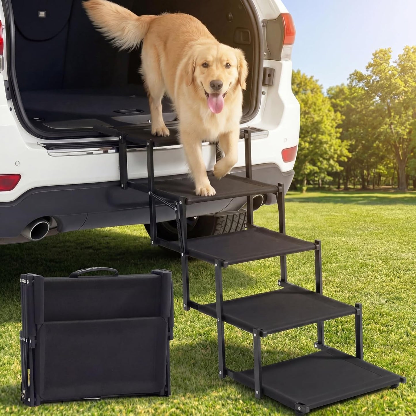 Foldable Dog Stairs for Car, SUV & Truck, 5-Step Pet Ramp with Non-Slip Surface, Portable and Lightweight Dog Steps for High Bed, Supports Up to 150 Lbs
