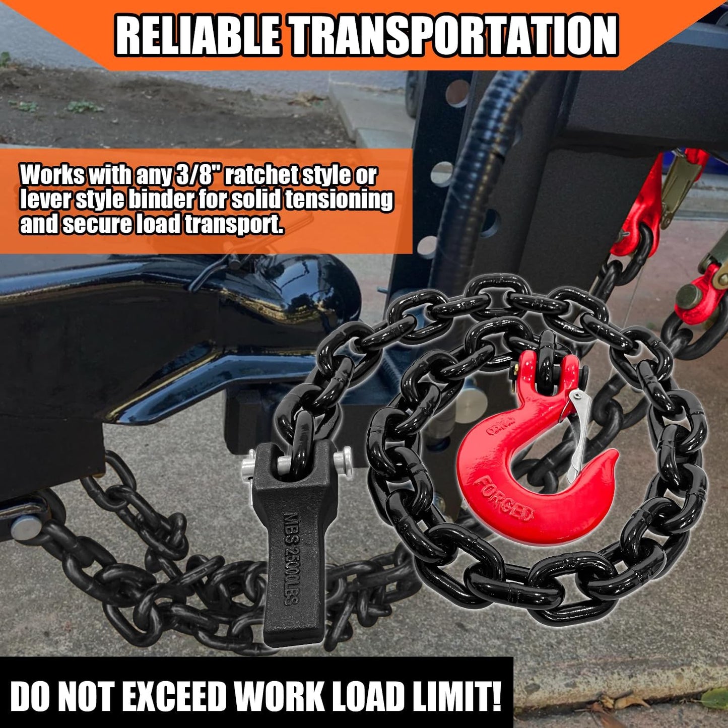 Heavy Duty 2-Pack 36 Inch Grade 80 Trailer Safety Chain with 3/8'' Red Clevis Snap Hook and Chain Retainer - WLL 25,000 lbs