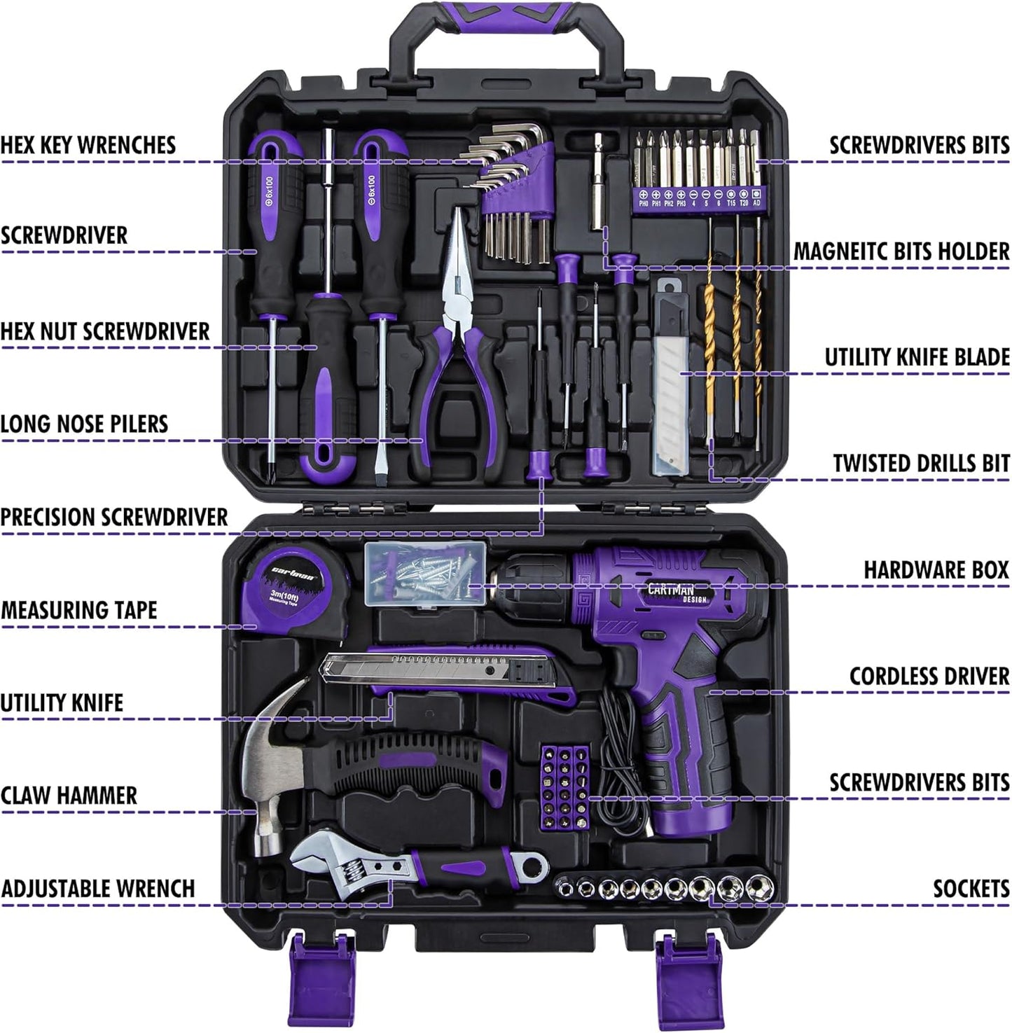CARTMAN 150 Piece Tool Set, Tool Set with 8V Purple Cordless Drill Set, Home Tool Kit