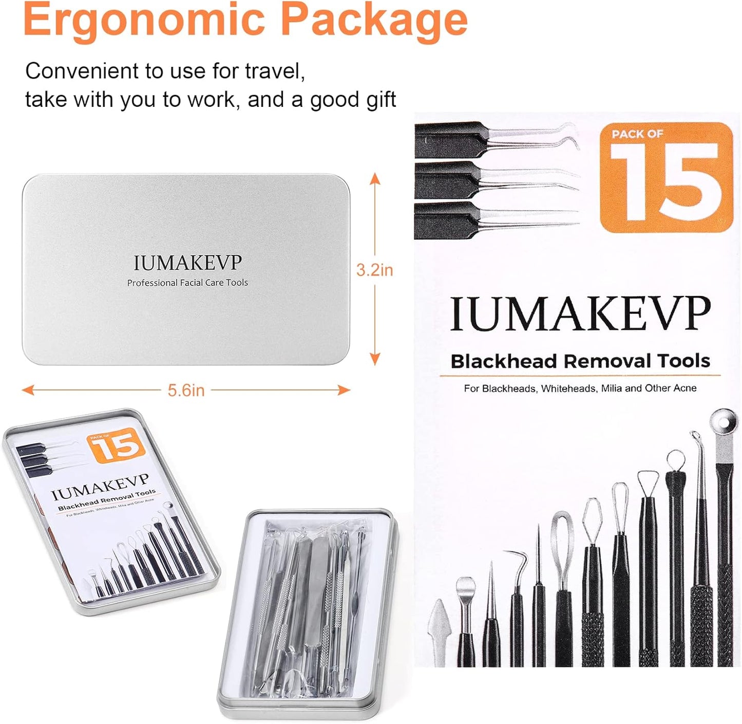 Pimple Popper Tool Kit, IUMAKEVP 15 PCS Professional Stainless Steel Blackhead Remover Comedone Extractor Tools for Removing Zit on Face - Acne Removal Kit with Metal Case (Silver)