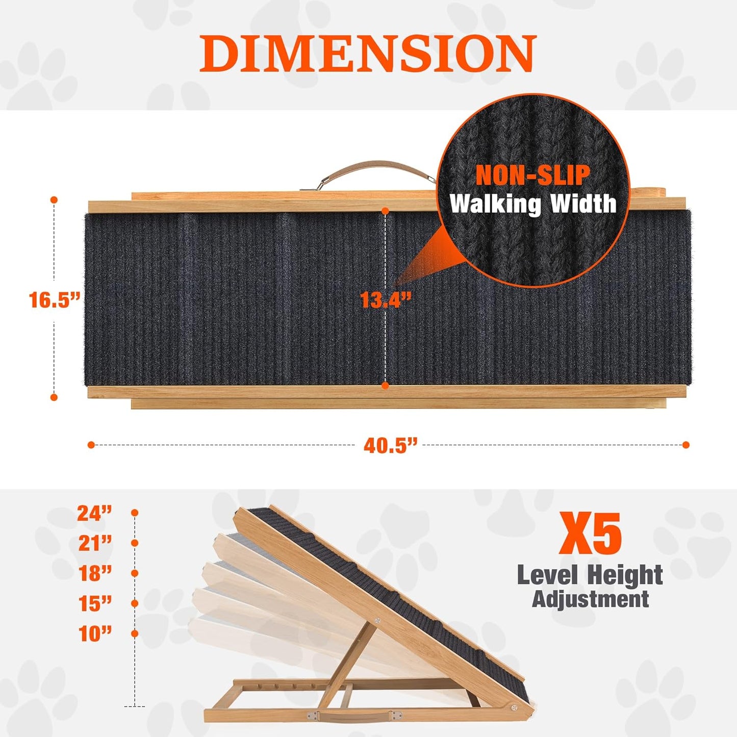 Adjustable Dog Ramp for Bed - Foldable Wooden Ramp for Dogs to Get on Bed, Couch, or Car with 13.4" Wide Walking Space (Natural Wood with Gray Carpet, Medium)