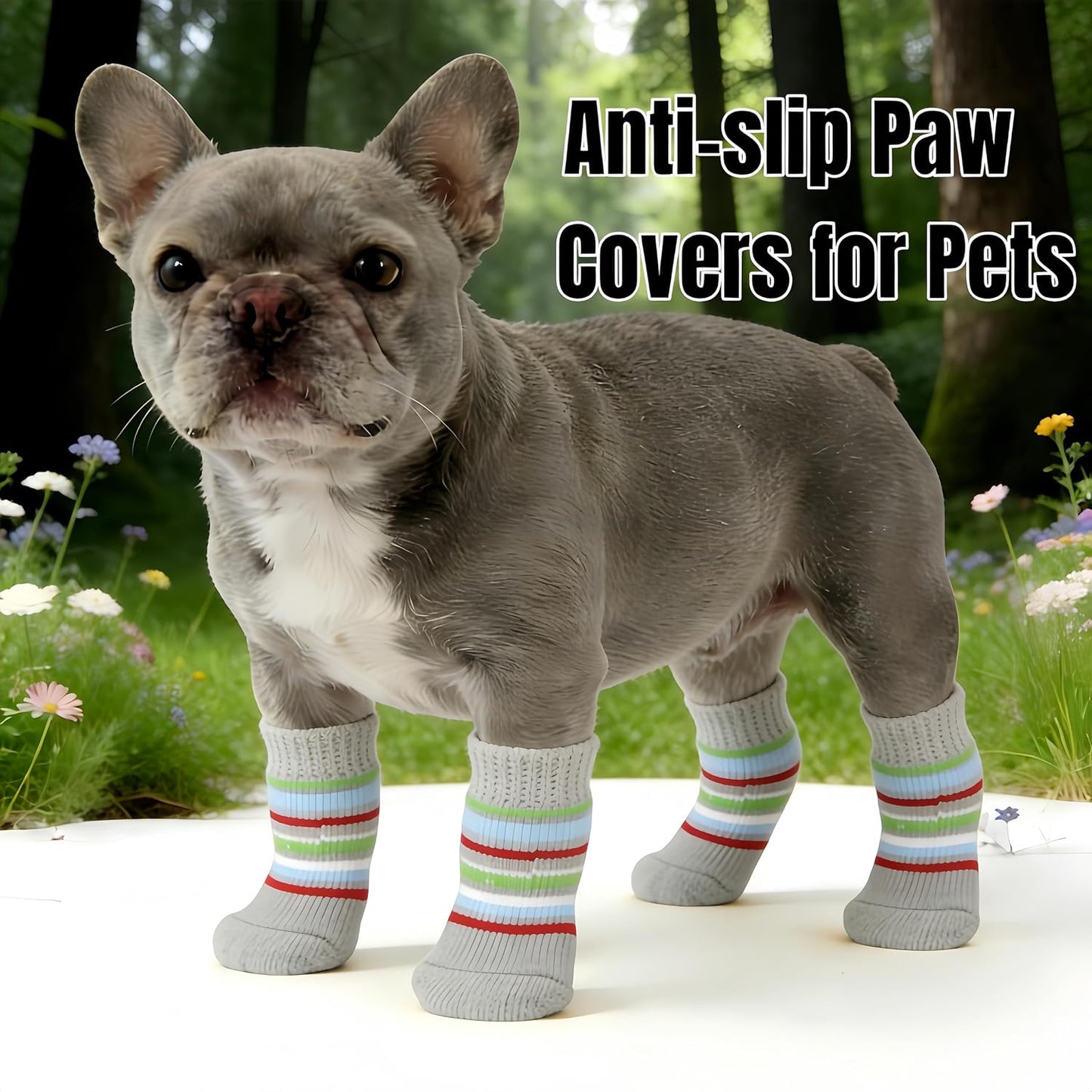 Comfortable Anti-Slip Pet Socks, Pet Foot Covers (4 Pcs) for Cats & Dogs, Breathable Cute Pet Paw Protectors for Indoor & Outdoor Use(Grey-Stripes, M)