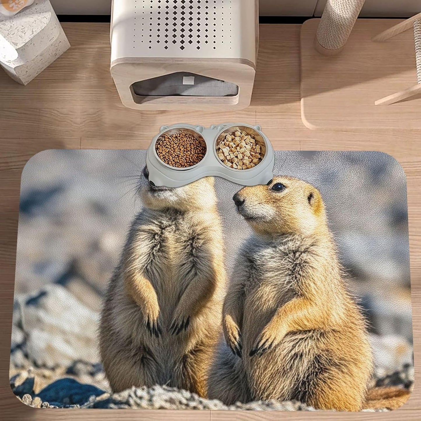 Pet Feeding Mat Leather Dog Food Mat Waterproof Pet Tablecloth Two Prairie Dogs Pet Placemat for Dogs Absorbent Dog Bowl Mat Anti-Slip Dogs Mats for Food and Water