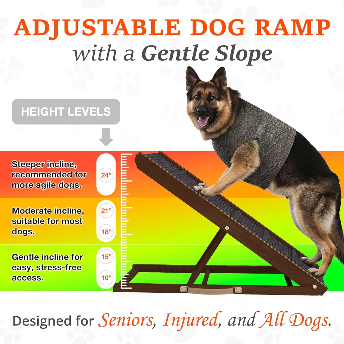 Adjustable Dog Ramp for Bed - 39" Long Foldable Wooden Ramp for Dogs to Get on Bed, Couch, or Car with 13.4" Wide Walking Space (Walnut Wood with Gray Carpet, Medium)