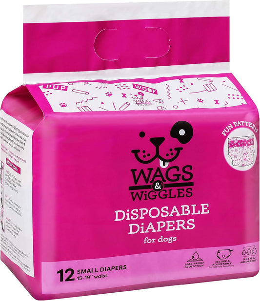 Wags & Wiggles Female Dog Diapers - Small Disposable Doggie Diapers for Dogs in Heat, Incontinence, Travel, or House Training, 15"-19" Waist, 12 Count