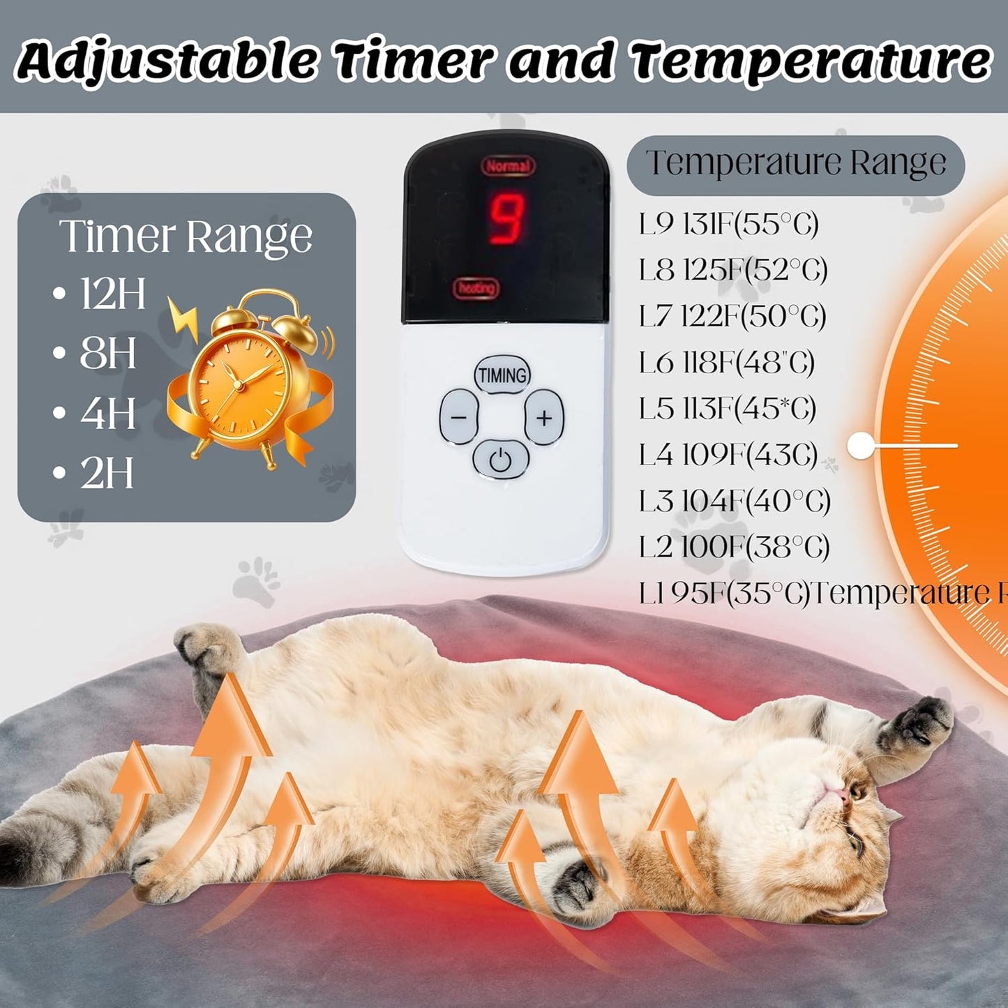 Heating Pad for Dog Cat - Pet Heated Bed Indoor Outdoor, Puppy Kittens Heater Warming Mat, Animal Heat Blanket with 9 Adjustable Temperature and 4 Timer Waterproof Removable Cover (20 x 20 in)