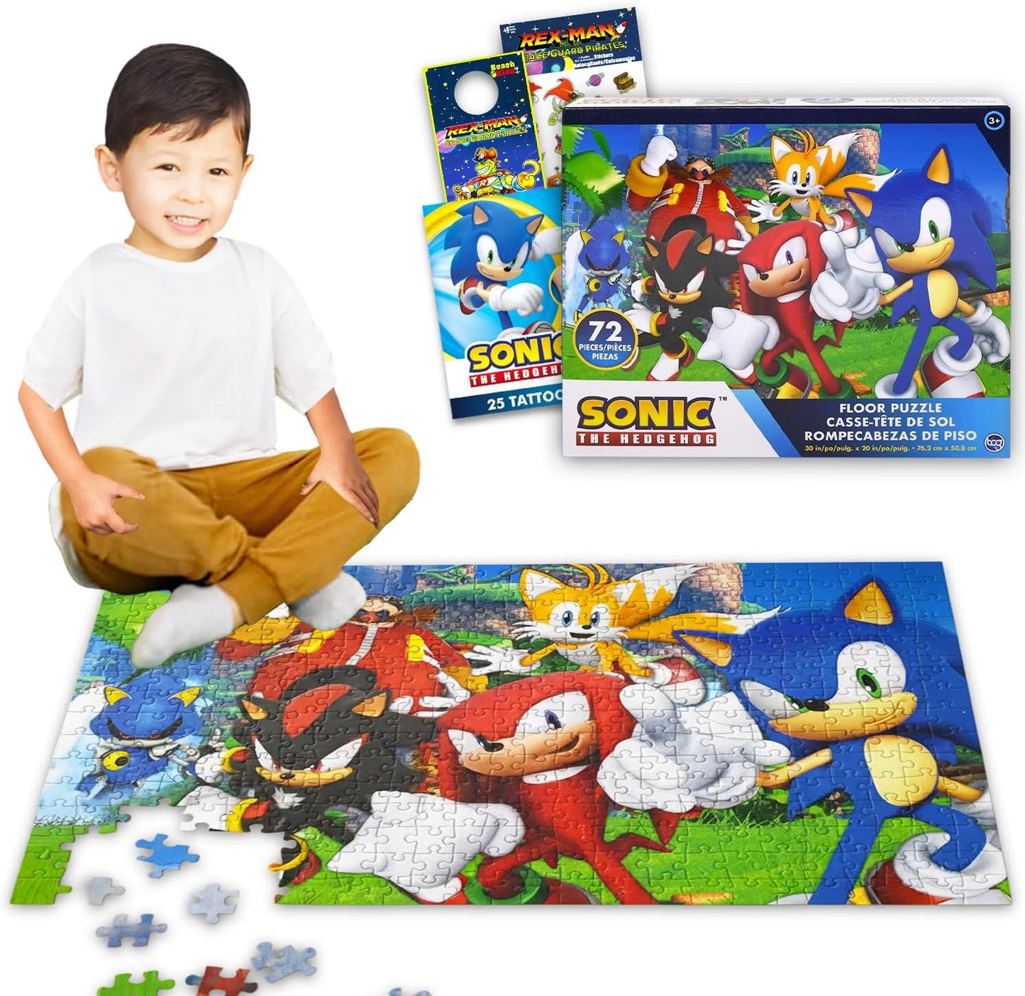 Sonic the Hedgehog Floor Puzzle for Kids Set - Bundle of 72 Piece Sonic Floor Puzzle, Stickers, Tattoos, More | Sonic Jigsaw Puzzles for Kids Ages 5+