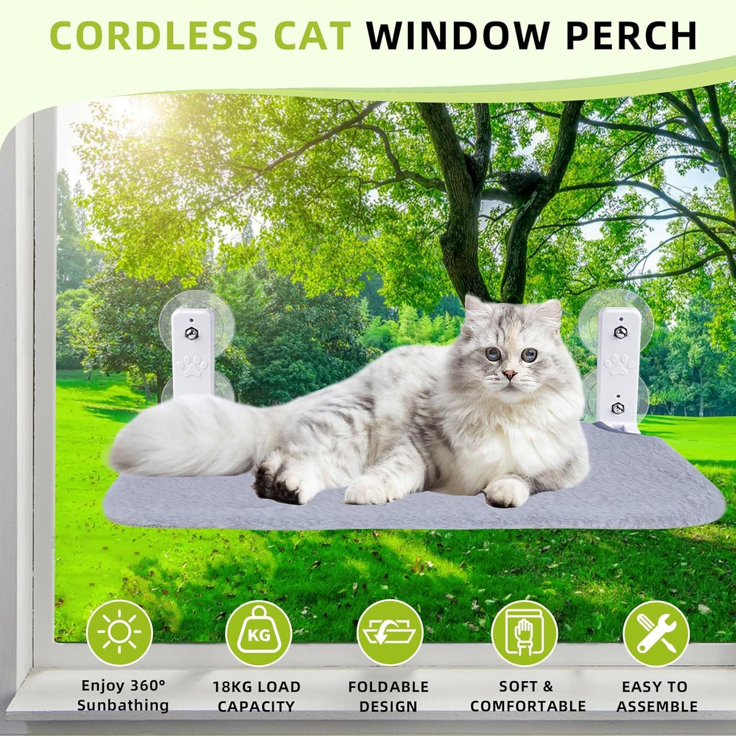 Cat Window Perch, Foldable Cat Window Hammock Sunbathing and Climbing Cats Hammock for Window Bed Bearing 40 Pounds Window Perch for Cats Inside 2-in-1 Reversible Cover (Light Gray)