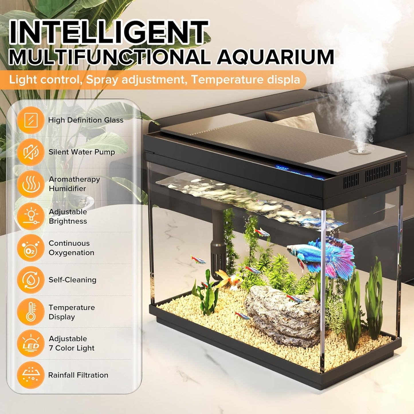 Fish Tank, 2.4 Gallon Fish Aquarium, Fish Tank Starter kit with Smart Humidifier, Temperature Display, 7-Color Lighting, 3 in 1 Quiet Pump with Filteration & Oxygenation & Circulation