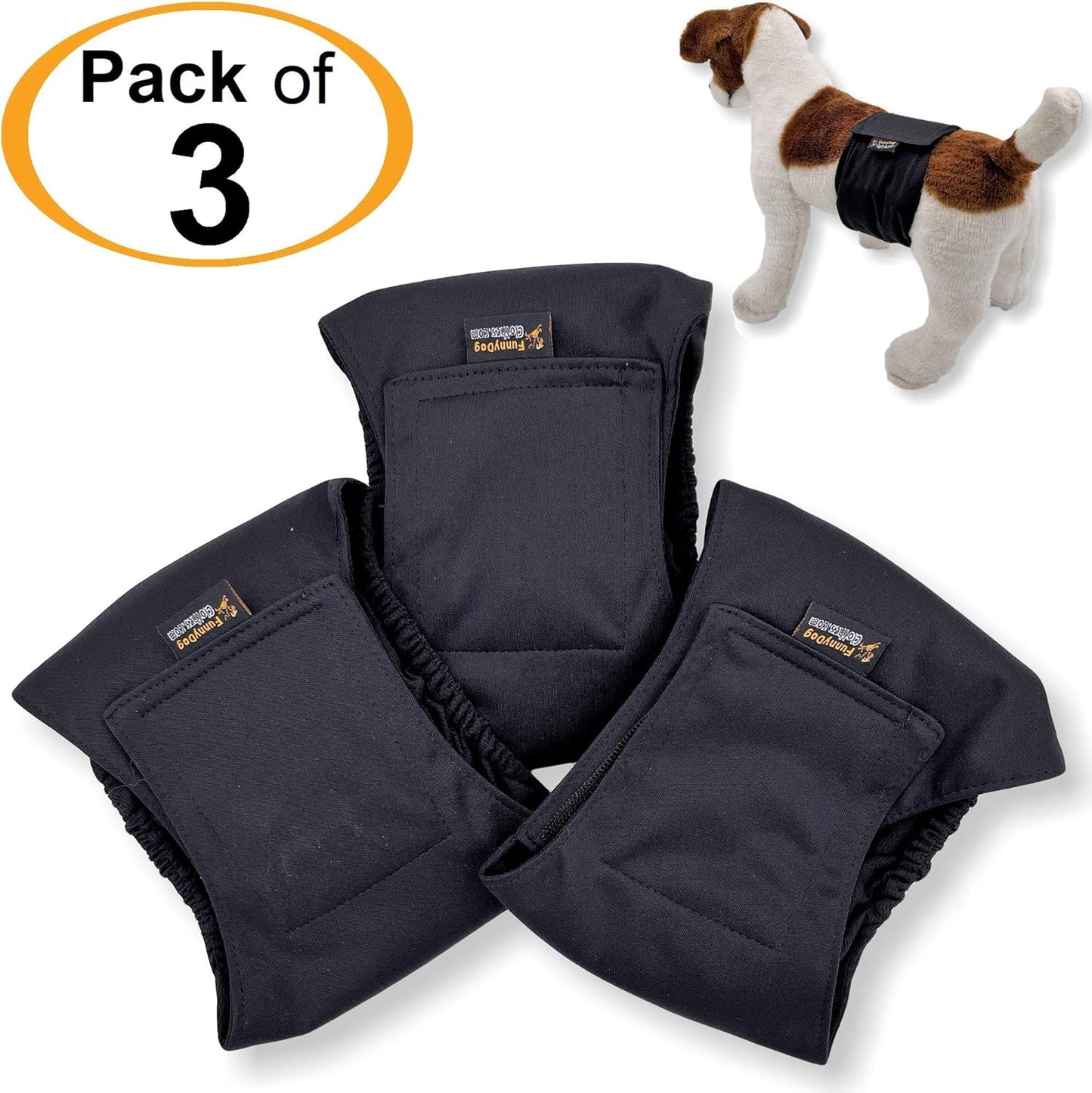 Pack of 3 or 6 Male Dog Diapers 4 - Layers of Absorbent Pads Waterproof Leak Proof Belly Band Wrap Washable (M: Waist 12" - 16", Pack of 3 Black)