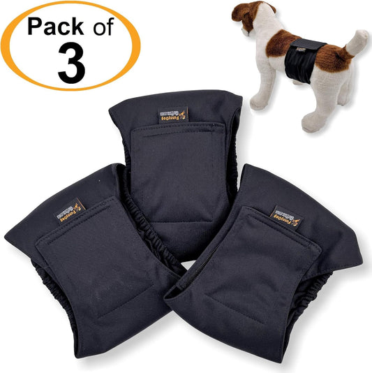 Pack of 3 or 6 Male Dog Diapers 4 - Layers of Absorbent Pads Waterproof Leak Proof Belly Band Wrap Washable (M: Waist 12" - 16", Pack of 3 Black)