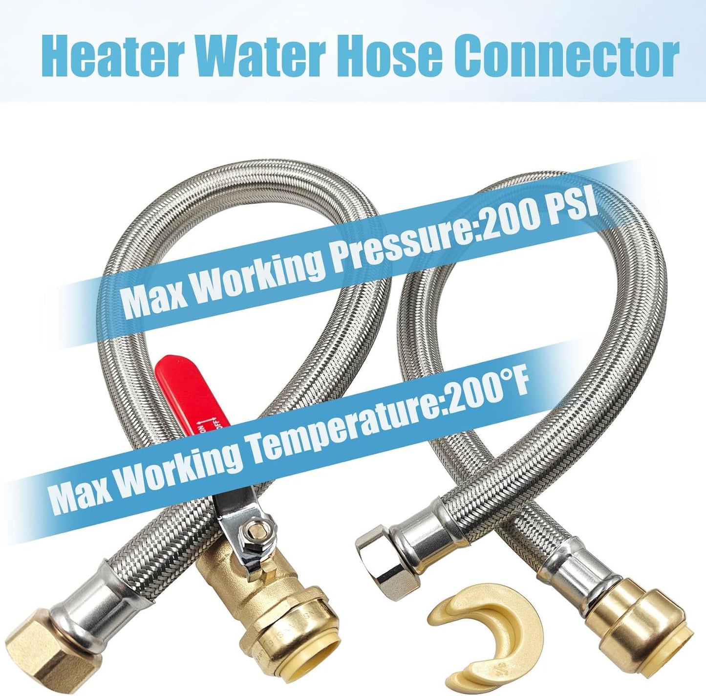 3/4" Ball Valve x 3/4" FIP x 24" Water Heater Hose Connector, Stainless Steel Braided Corrugated Flexible Water Heater Connector, Push To Connect Brass Plumbing Fitting, Copper, Pex, CPVC, 2 Pack