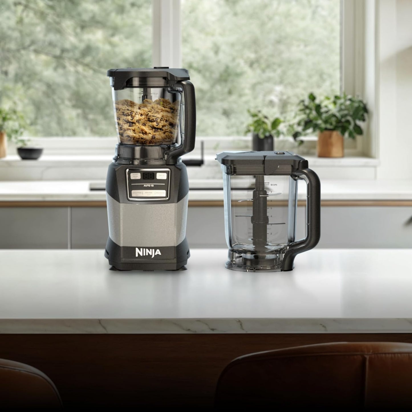 Ninja Blender, Compact Kitchen System, 1200W, 3 Functions for Smoothies, Dough & Frozen Drinks with Auto-IQ, 72-oz.* Blender Pitcher, 40-oz. Processor Bowl & 18-oz. Single-Serve Cup, Grey, AMZ493BRN