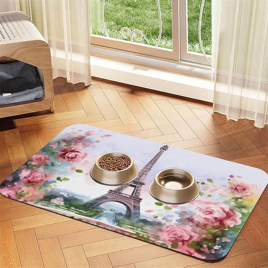 Paris Eiffel Tower with Flowers Pet Feeding Mat 40x60cm Absorbent Leather Dog Cat Food Mats Non-Slip Dog Bowl Mats for Food and Water, Quick Dry Pets Placemats for Cats and Dogs Water Bowl