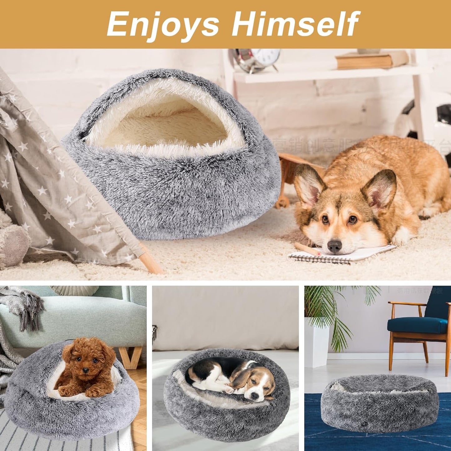 Hooded Dog Bed for Small Dogs, Nest Dog Beds, Washable Cute Cat Cave Bed, Cozy Nook Pet Bed for Dogs or Cats, Anti-Slip Puppy Bed Fits up to 22 lbs Pets(Grey, 20" x 20")