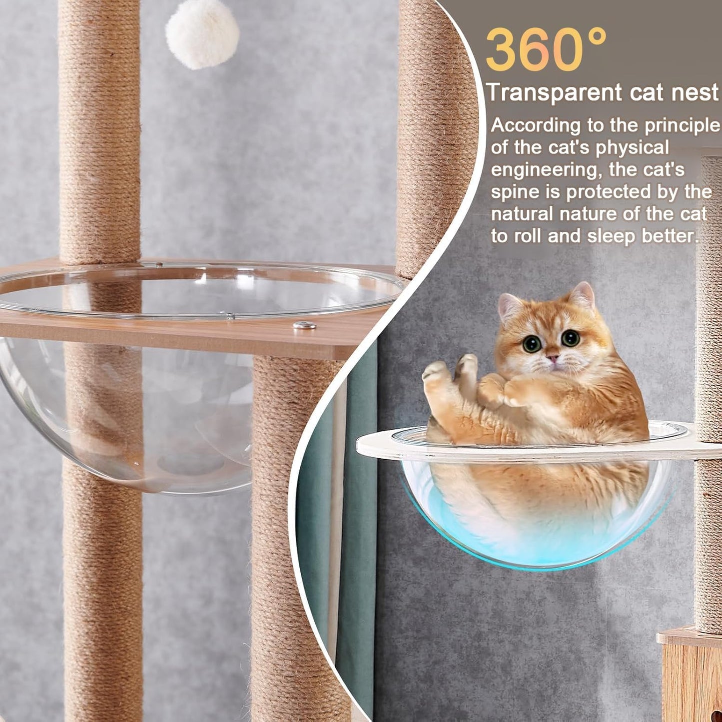 61'' Wooden cat Tree with cat Condo, Cat Stairs Scratching Posts, 2 Bowl,Sisal Scratching Posts,Cozy Cat Hammock and Top Perch. Cat Tree for Large Cats.