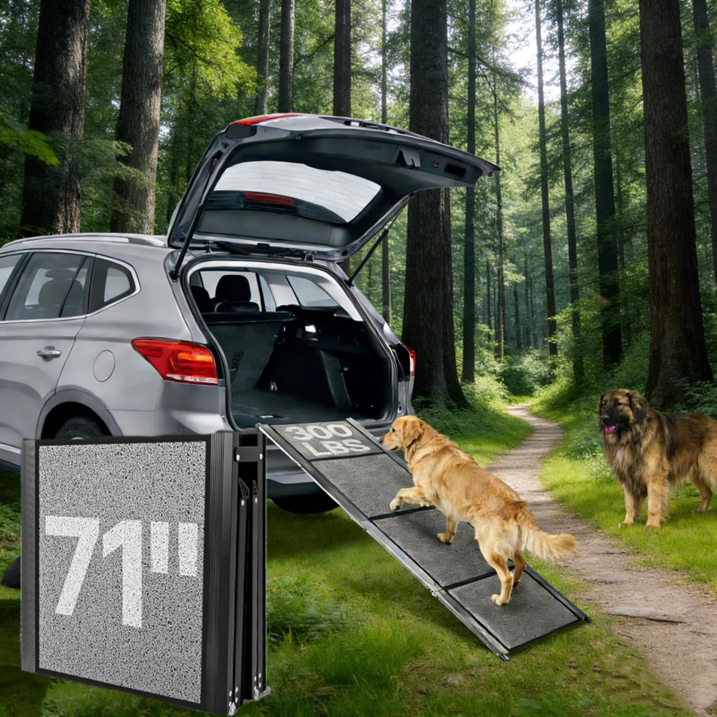 Dog Ramp for Car, 𝟕𝟏" 𝐋𝐨𝐧𝐠 x 𝟐𝟏" 𝐖𝐢𝐝𝐞 𝟑𝟎𝟎𝐋𝐁𝐒 Capacity Large Folding Dog Stairs with Non-Slip Rug Surface, Pet Ramps for Large Dog - Outdoor Pet Steps Car Ramp for SUV & Truck