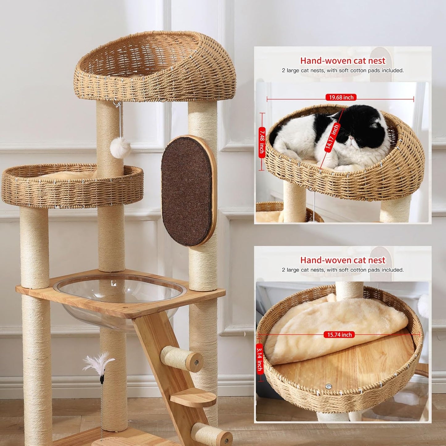 Modern Cat Tree, Cat TreeTower with Space Capsule, Hand-Woven Basket Nest, Sisal Posts & Scratching Board, 50 Inch Heavy-Duty Multi-Level Indoor Wood Tower