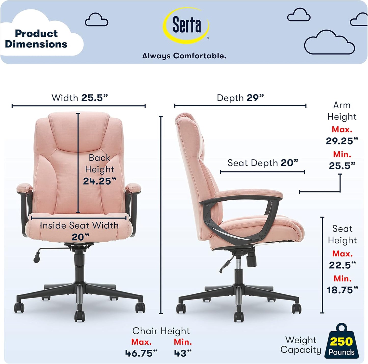 Serta Connor Executive Office Chair, Ergonomic Computer Chair with Layered Body Pillows, Contoured Lumbar, Adjustable Seat, Microfiber Fabric, Pink