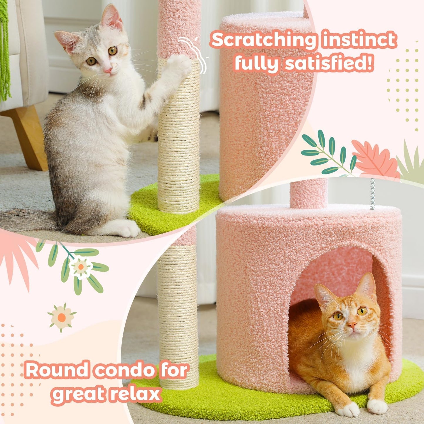 PAWZ Road Flower Cat Tree Pink 32” Small Cat Tower Cat Scratching Post with Curved Perch, Cozy Cats Condo Removable Flower Bed for Kittens and Small Cats-Pink