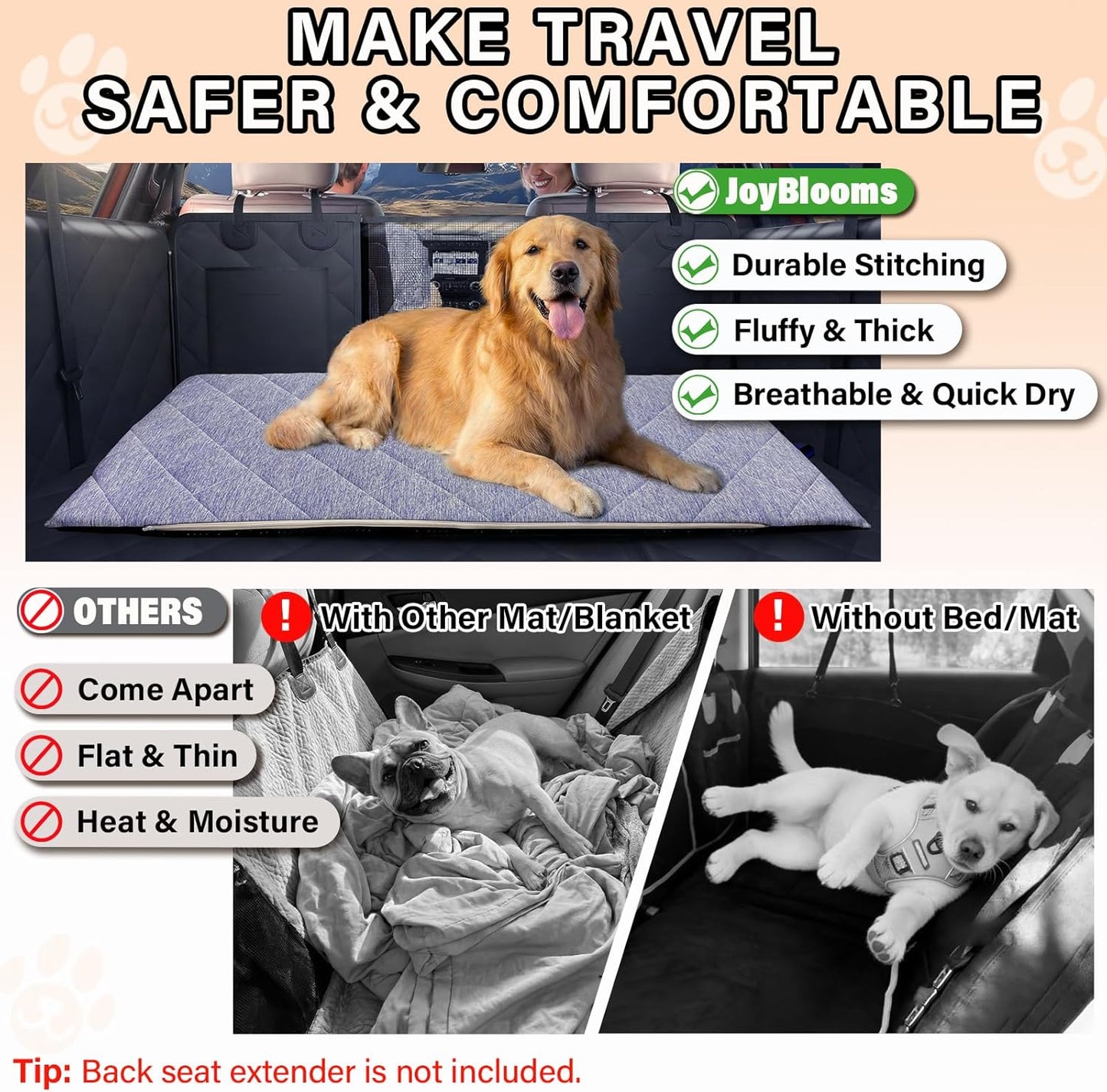 JoyBlooms Dog Bed for Car Back Seat,Dog Cooling Mat with 1.1" Thick Foam,Non-Slip Backseat Pet Bed Mat for Leather Seats,Washable Car Seat Cover,Fits SUVs & Trucks,Blue