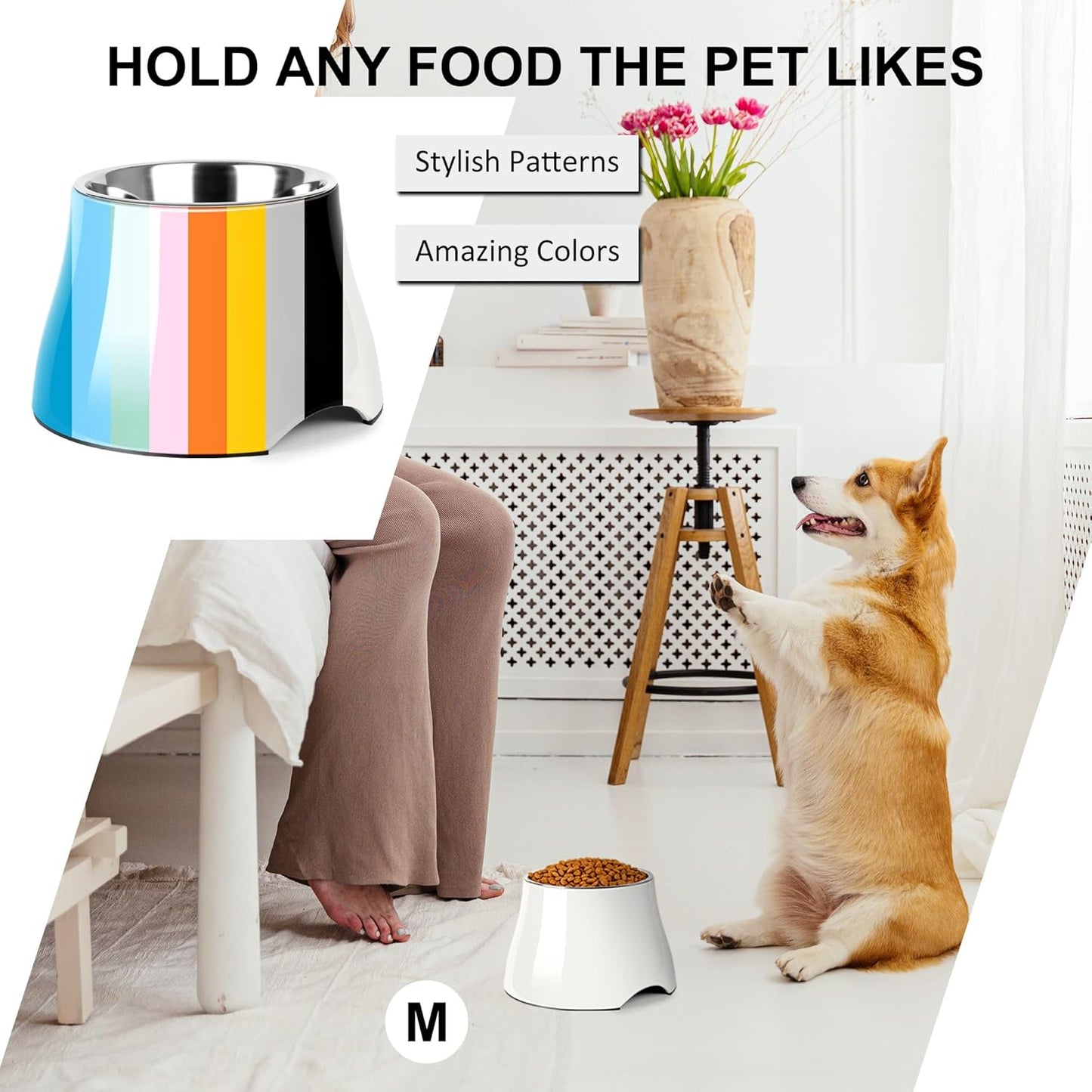 Dog Bowls,Cone Friendly Non Slip Single Dog Bowl with Stainless Steel Inner, Raised Bowls for Small Dogs Spaniel Dogs Long Ear, High Capacity, M/2 Cup White