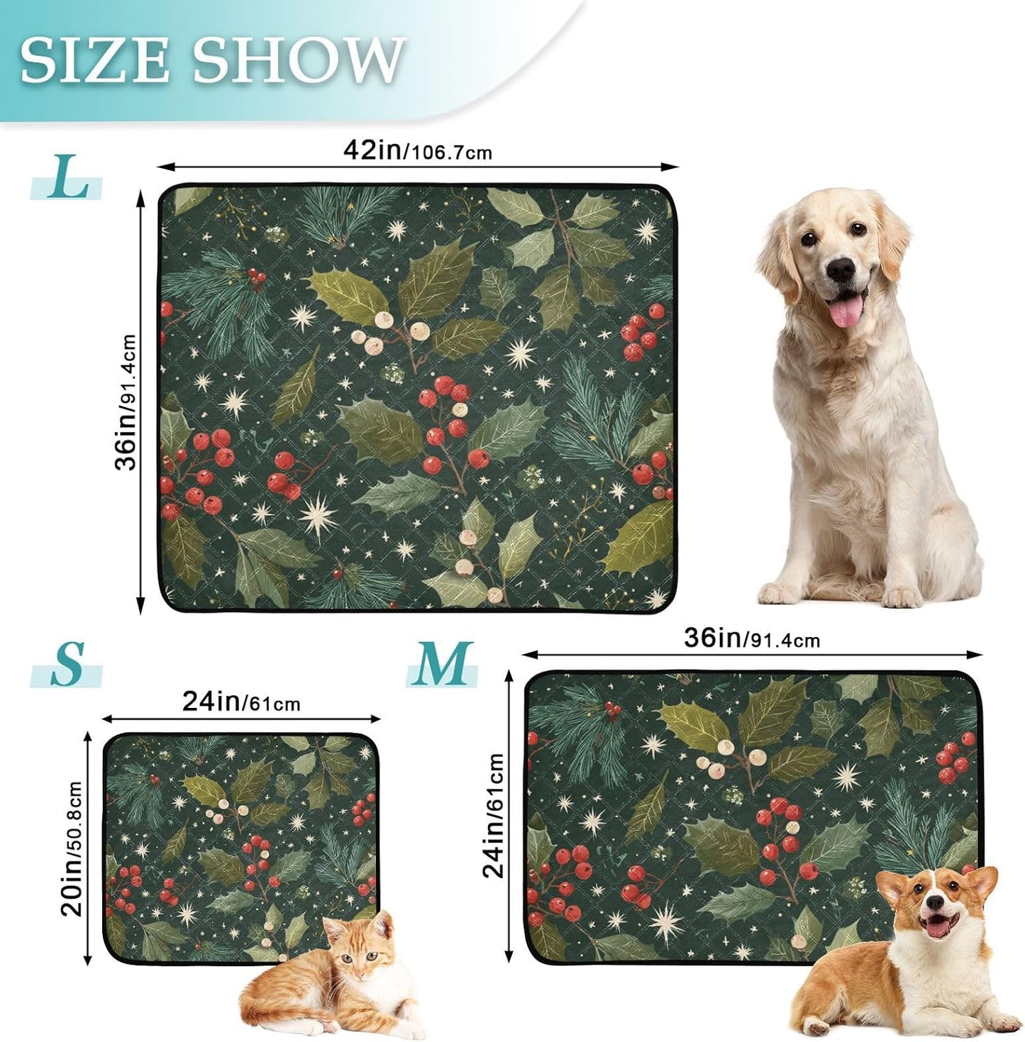 Green Christmas Holly Berries Pine Needles Leaves Washable Pee Pads for Dogs Reusable Puppy Pad 3Pack Super Absorbent Non Slip Lightweight Protect Small Pet Pads Couch Playpen Housebreaking 2