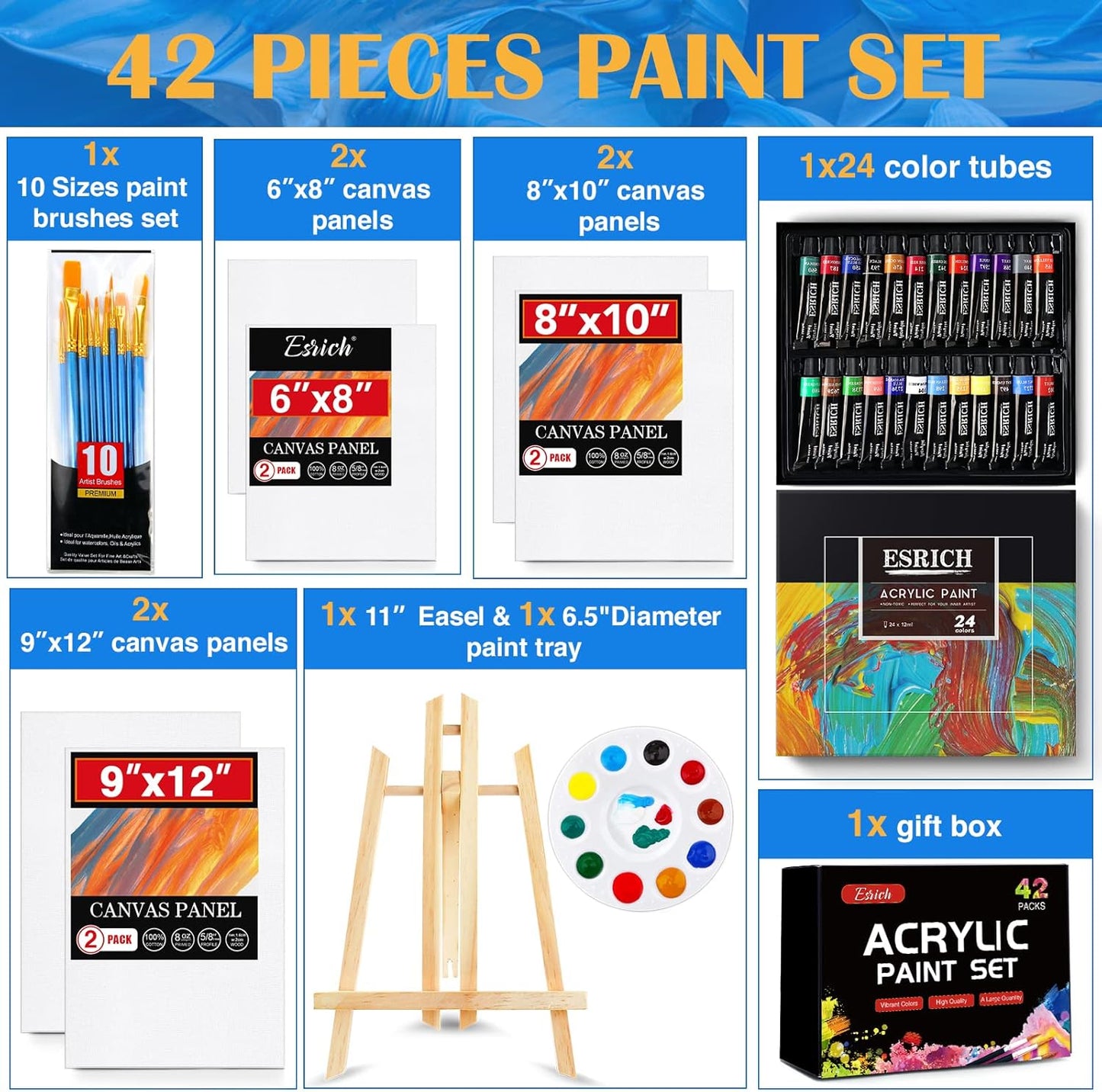 ESRICH Acrylic Paint Canvas Set, 42 Piece Professional Premium Paint Kit with 1 Wood Easel, 24Colors, 10 Brushes, 6 Canvases, Painting Supplies Kit Artists and Beginner