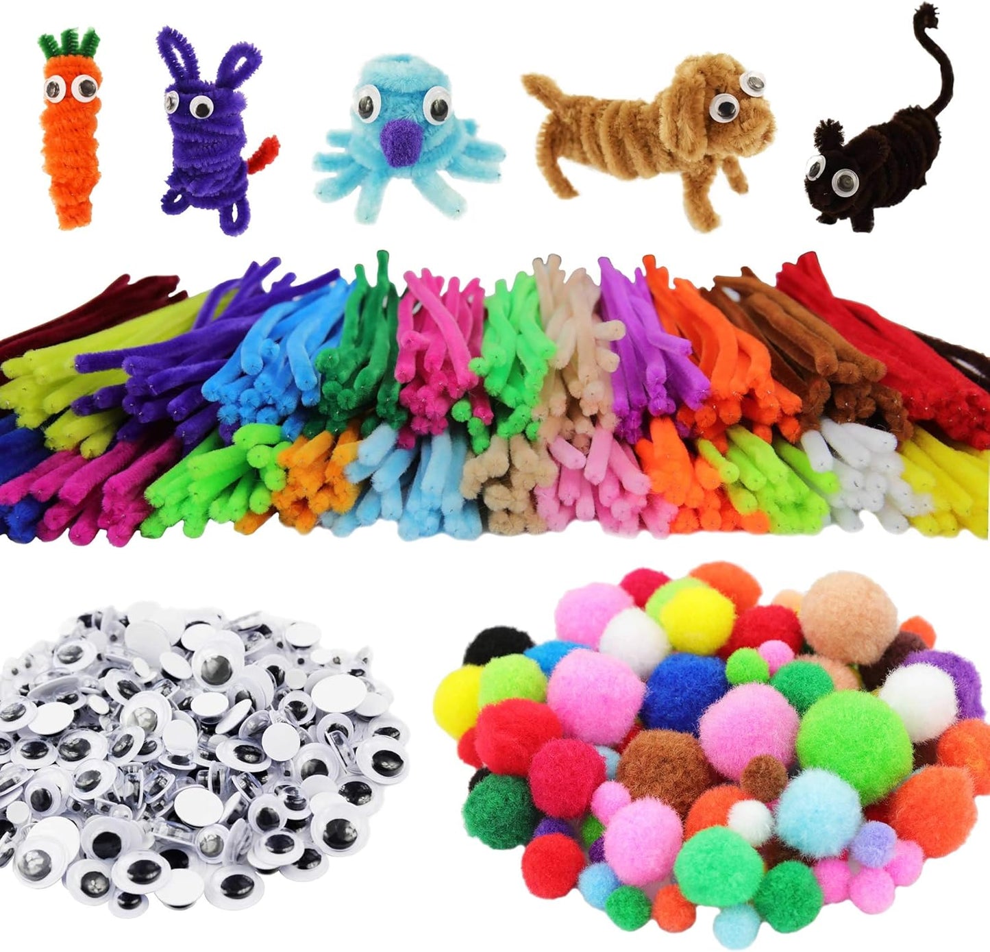 862 Pieces Art & Craft Supplies Set DIY Activities & Parties Pipe Cleaners Craft Set 200 Pcs Pipe Cleaners 454 Pcs Pom Poms 208 Pcs Wiggle Eyes Self Adhesive