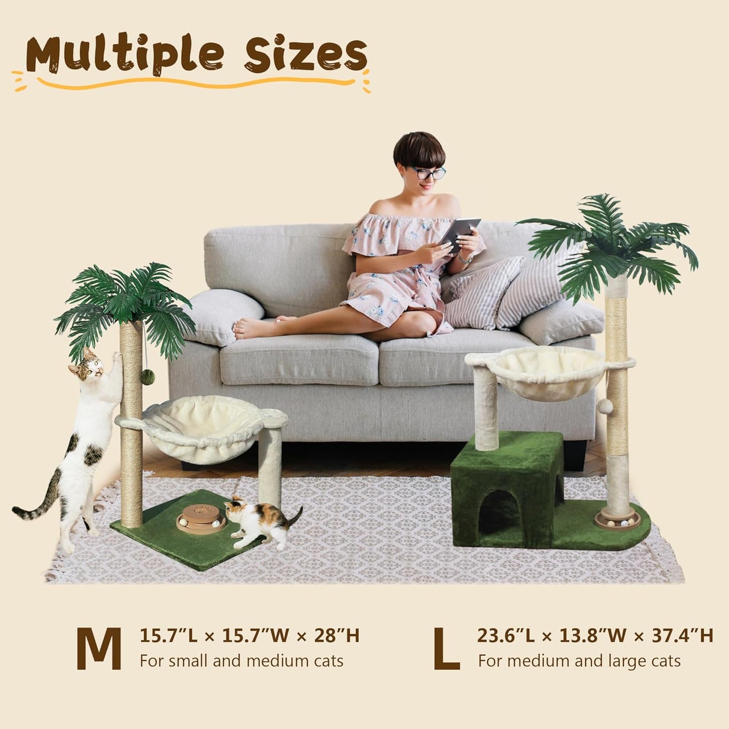 Cat Tree 38" Cat Tower with Large Hammock Metal, Cat Scratching Post for Indoor Cats with Condo, Cat Playground Track Balls and Bouncy Ball, Green and White