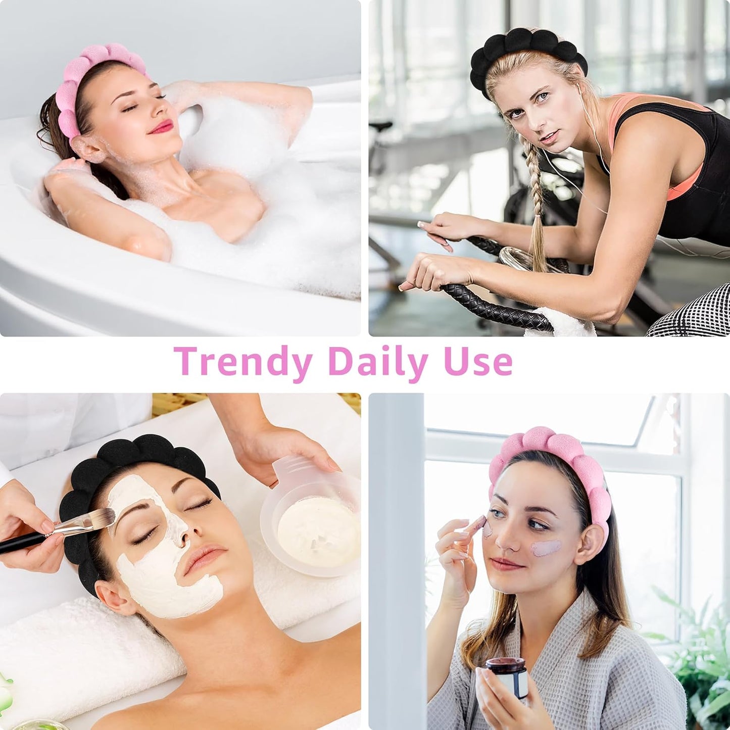 Spa Headbands for Washing Face or Facial, Set of 2 Skincare Headbands, Terry Cloth Headband Wash Combo Pack - Puffy Makeup Washing, Mask, Skin Treatment (Black & Pink)
