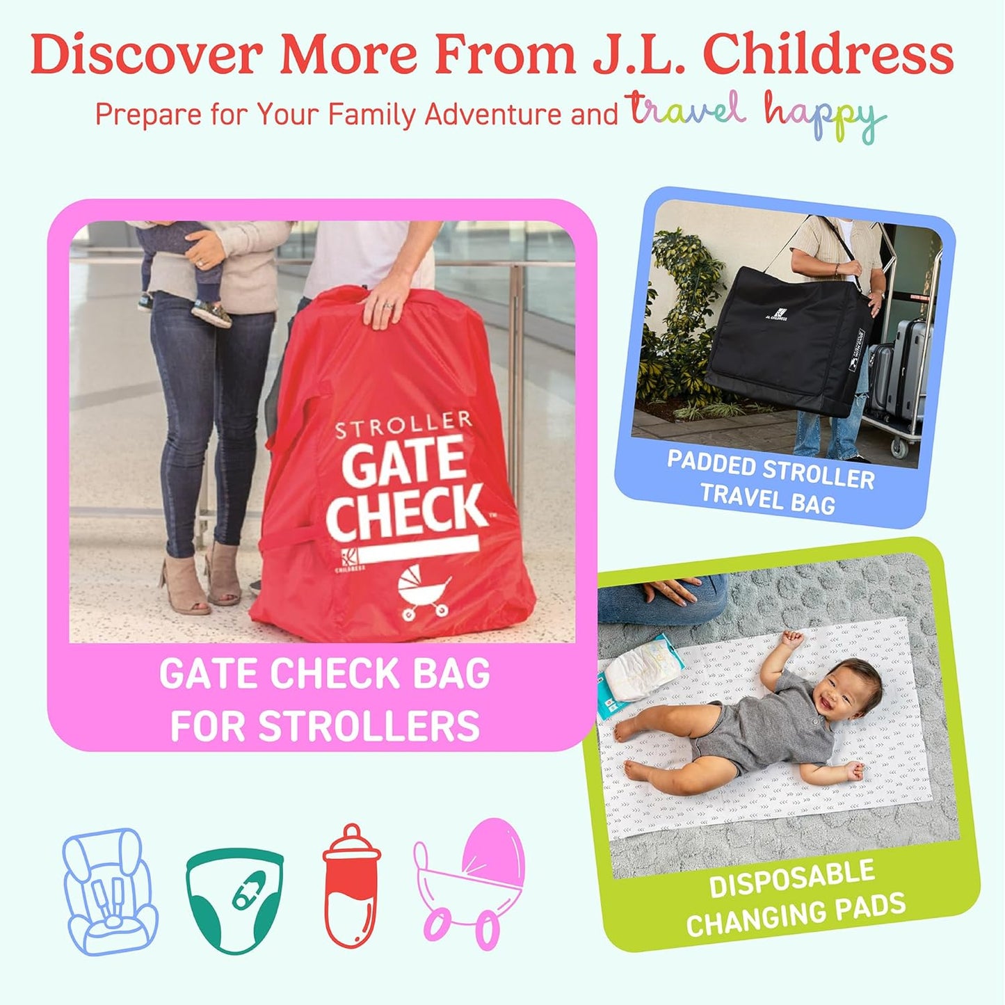 J.L. Childress Gate Check Travel Bag for Car Seats - Car Seat Travel Bag for Airplane, Fits All Baby & Infant Carriers, Airport Accessories for Gate Check, Flying Essentials, AirTag Compatible - Red