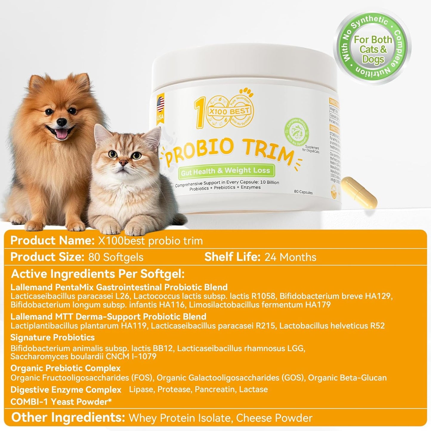 Probiotics for Dogs & Cats - 33.3B CFU, 11 Patented Strains & 4 Digestive Enzymes - Digestive & Gut Health, Immune Support, Cholesterol Metabolism & Weight Management - 80 Capsules