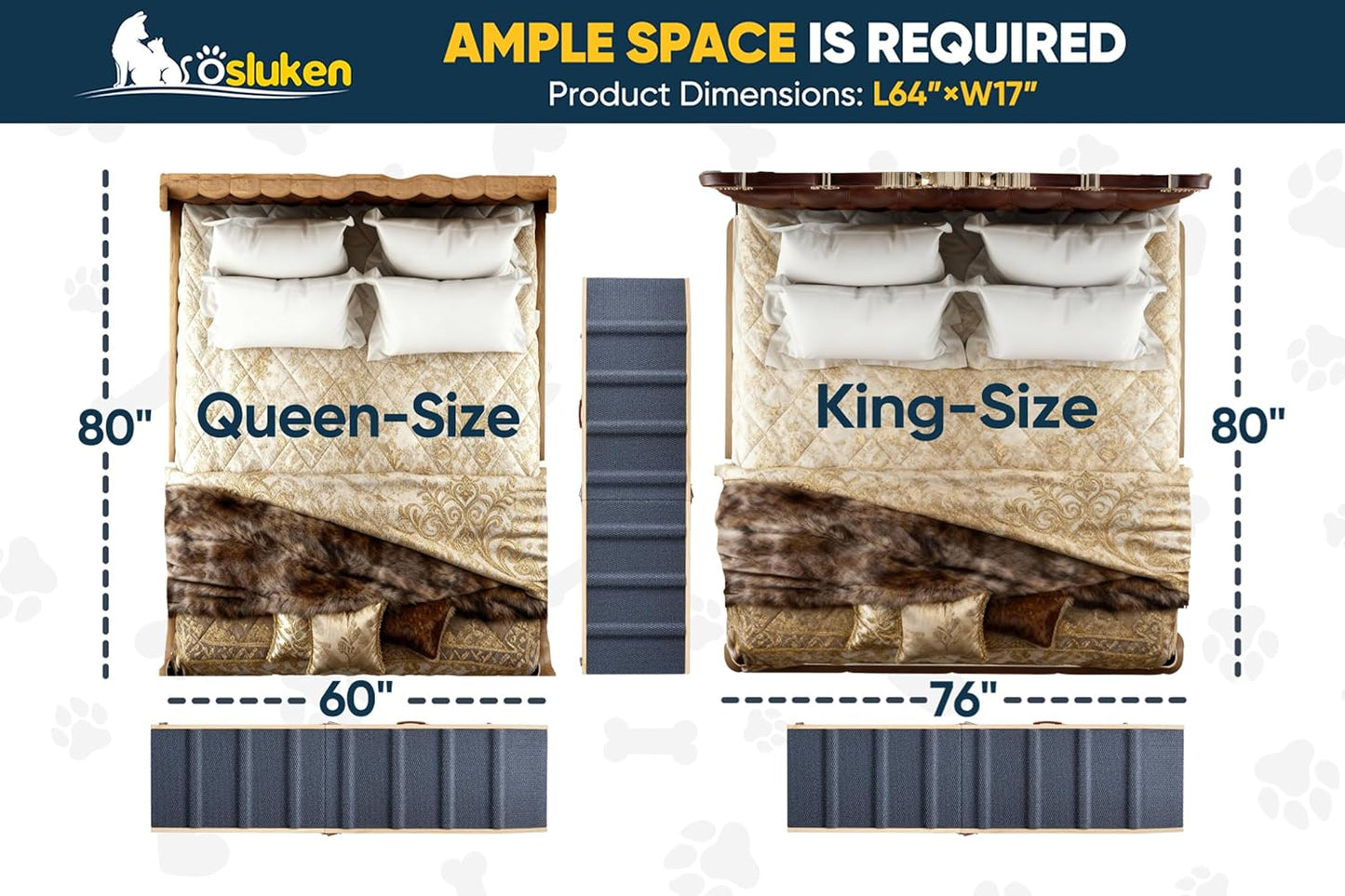 Dog Ramp for Bed, L64 W17 Foldable Pet Ramp for Small Large Dogs Cats, Dog Ramps for High Beds Car, High Traction with Platform 6 Adjustable Heights 24" to 30" Up to 220LBS, Wood