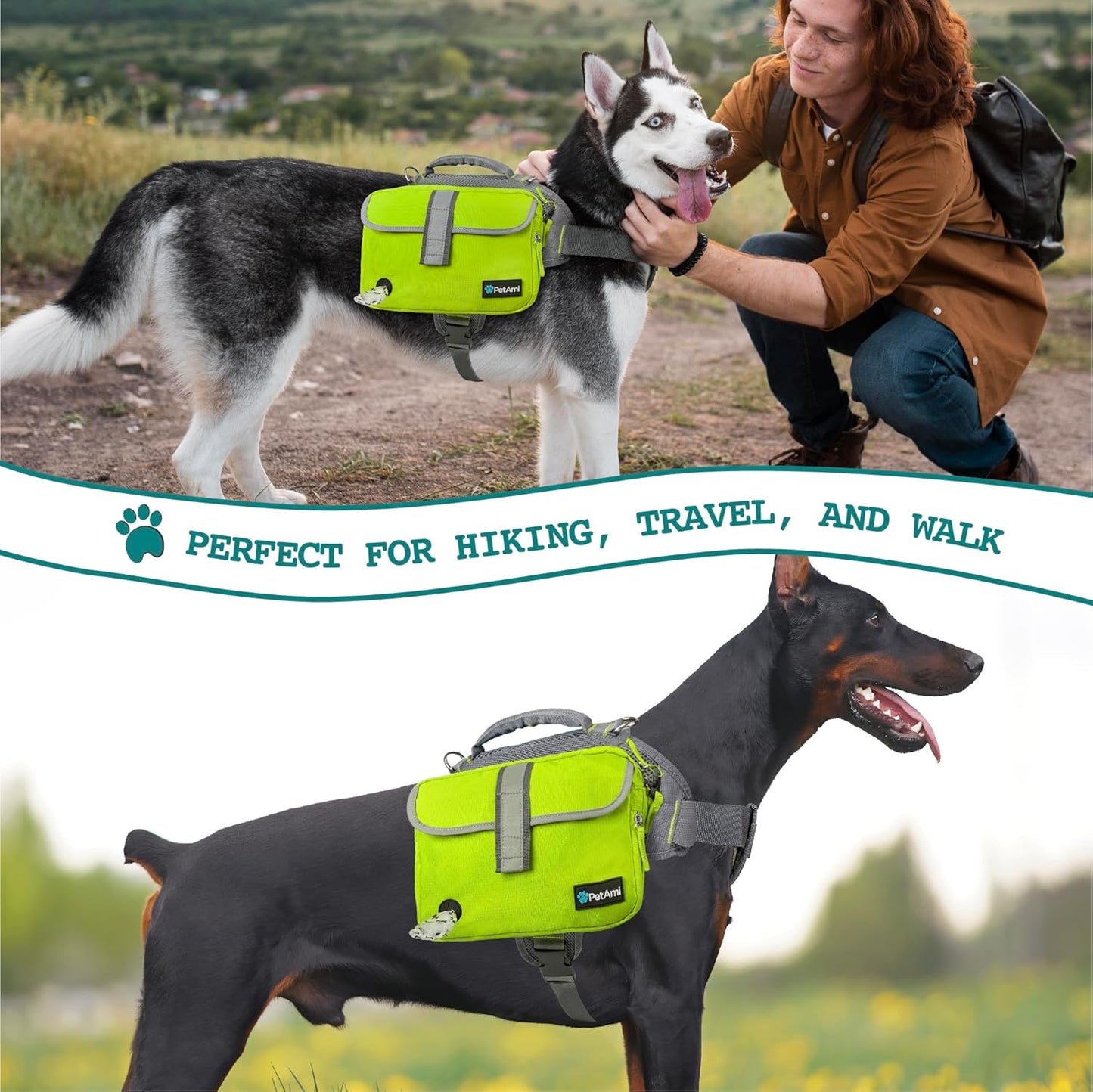 PetAmi Dog Backpack for Medium Large Dogs, Dog Saddle Bag for Dogs to Wear, Harness Saddlebag with Reflective Safety Side Pockets for Hiking, Camping, Vest Dog Pack for Travel (Green, Medium)