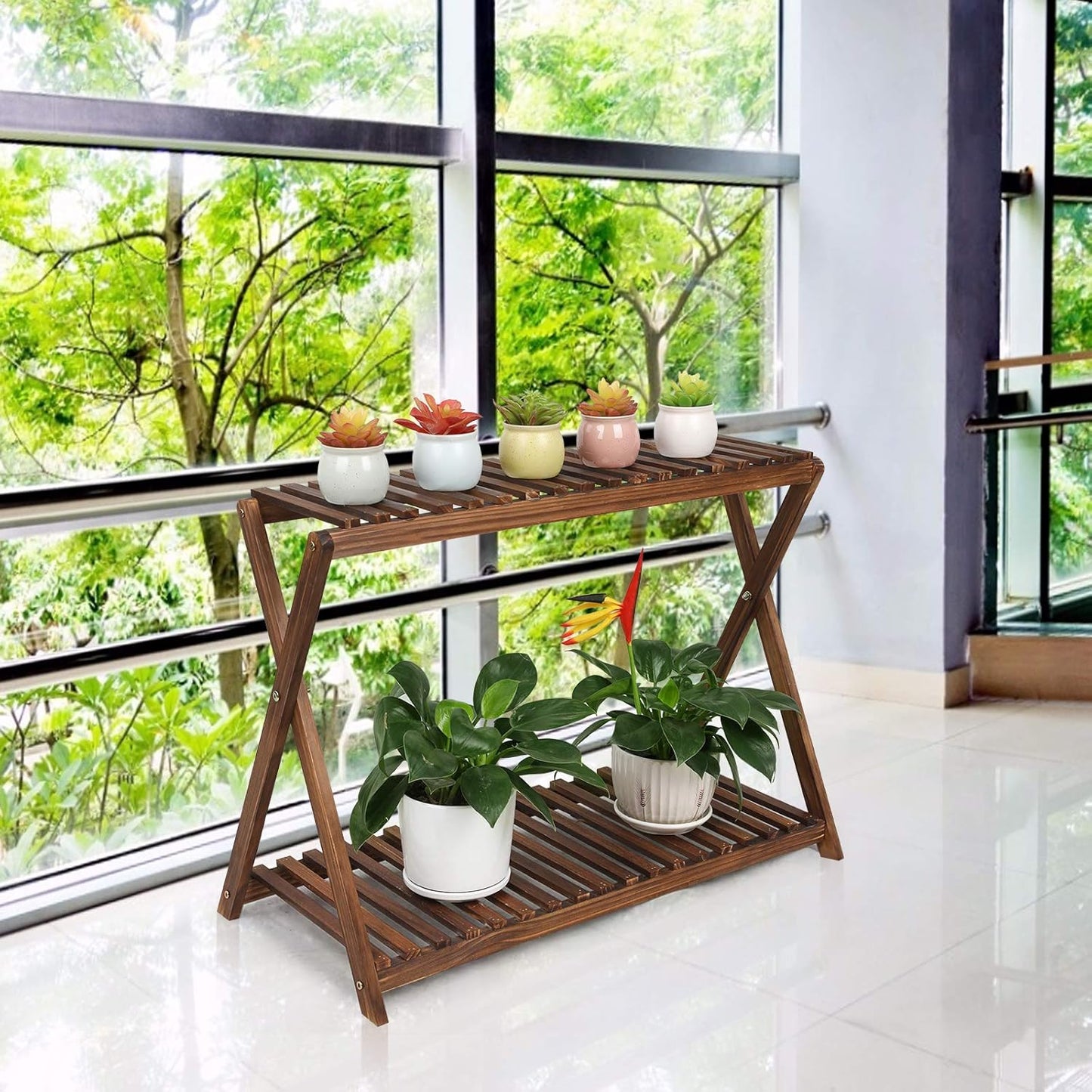 Wood Plant Stand Indoor Outdoor 2 Tiers Flower Stand Corner Stepped Planter Shelf Rack Flowerpot Holder for Plant Display in Patio Balcony Entryway Porch Livingroom (Classic X-Cross Design)