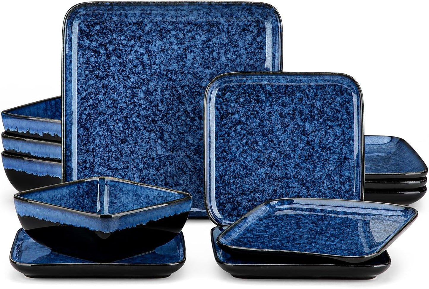 vancasso Stern Blue Dinner Set Square Reactive Glaze Tableware 12 Pieces Kitchen Dinnerware Stoneware Crockery Set with Dinner Plate, Dessert Plate, Bowl Service for 4