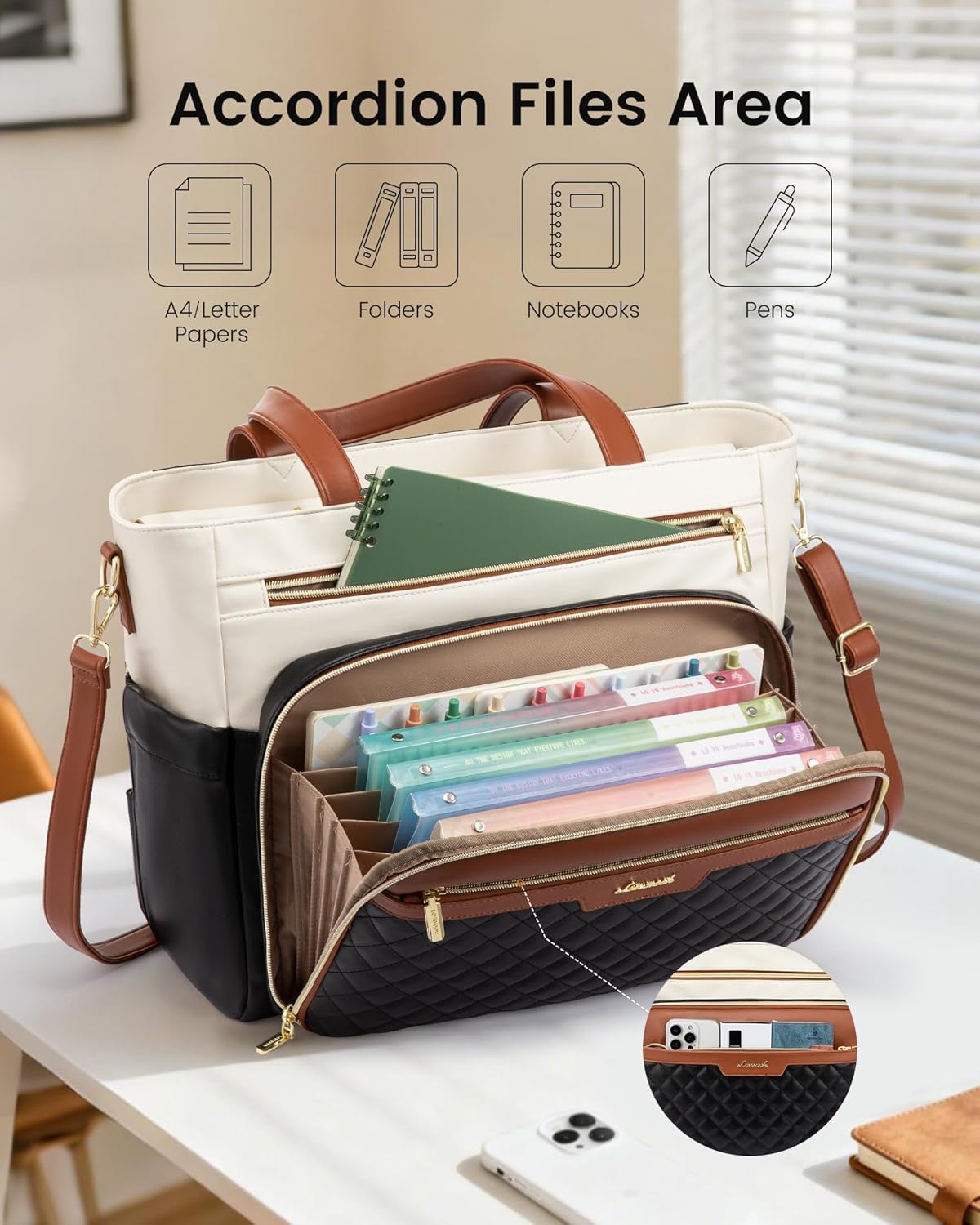 LOVEVOOK Teacher Tote Bag with Accordion File Pocket, Soft PU Leather Work Briefcase Quilted Laptop Bag with Large Cup Holder