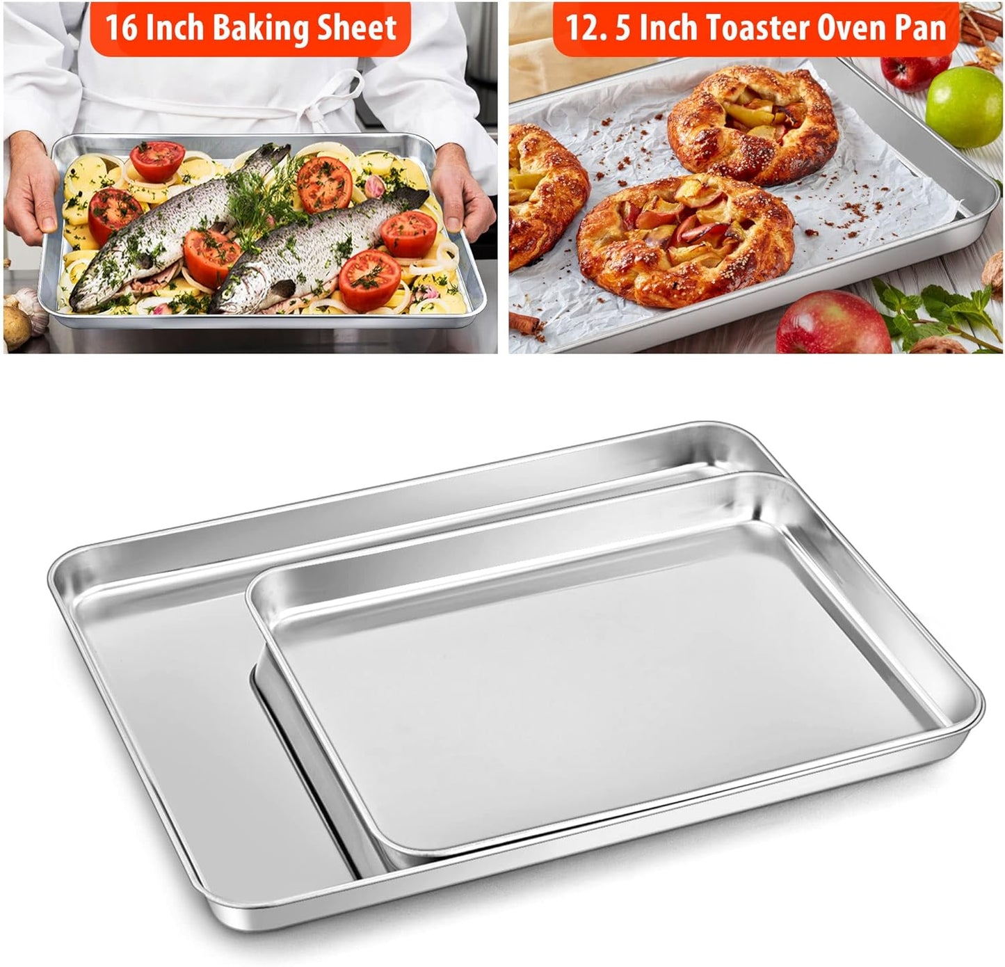 TeamFar Bakeware Sets of 7, Stainless Steel Bakeware Sets for Oven, Baking Sheet & Toaster Oven Pan, Square & Round Cake Pan, Muffin Pan & Loaf Pan, Lasagna Pan, Healthy & Sturdy, Dishwasher Safe
