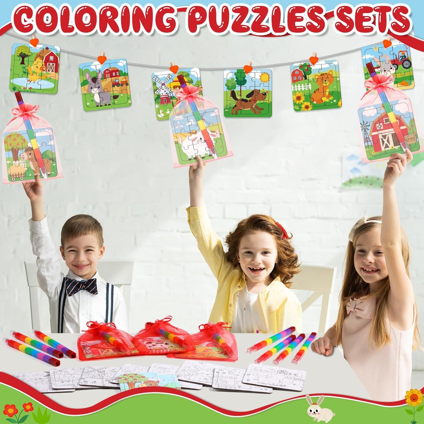 12 Sets Farm Animal Puzzles Barnyard Color Your Own Puzzles DIY Barn Theme Jigsaw Crafts with 12 Stackable Crayons 12 Bags for Farmhouse Animal Gifts Birthday Party Supplies Favors
