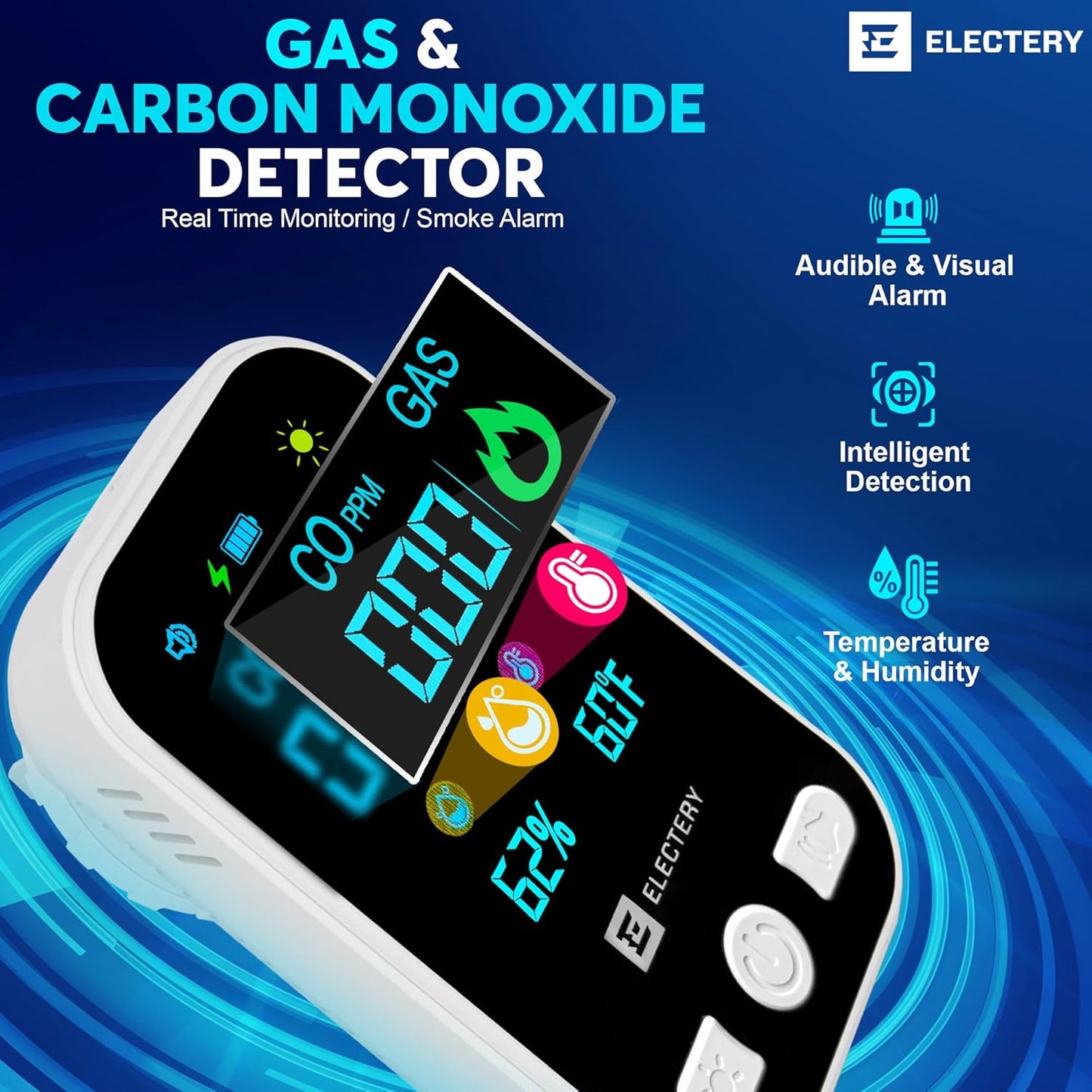 4-in-1 CO Detector & Natural Gas Leak Detector Alarm, Plug-in Carbon Monoxide Detectors with Battery Backup, Digital Display, Temp & Humidity, Portable for Home, Kitchen, RV (2 Pack)