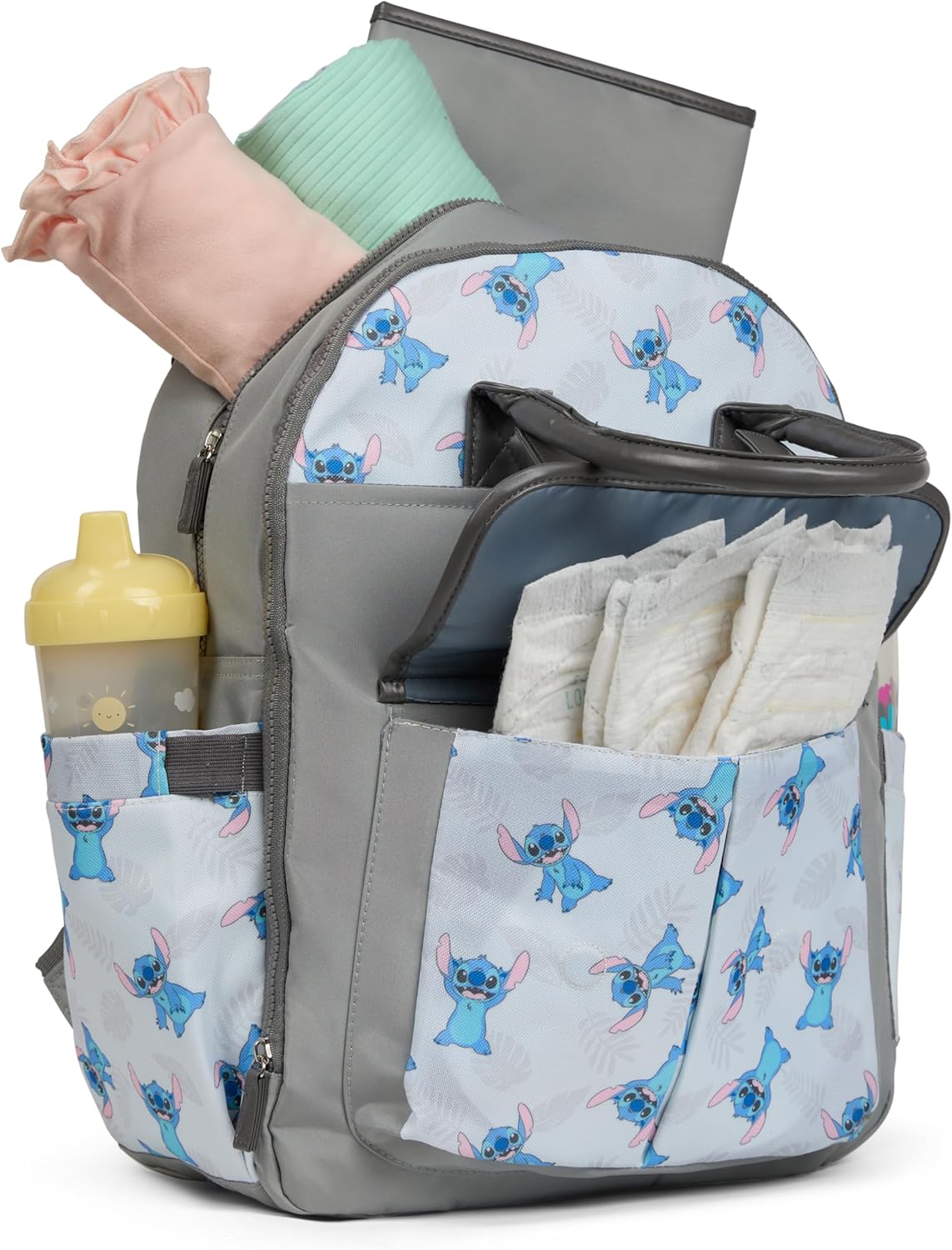 Disney Diaper Bag Backpack with Changing Pad Stich – 16” Nylon Baby Bag for Parents, Insulated Bottle Holders, Multiple Storage Pockets