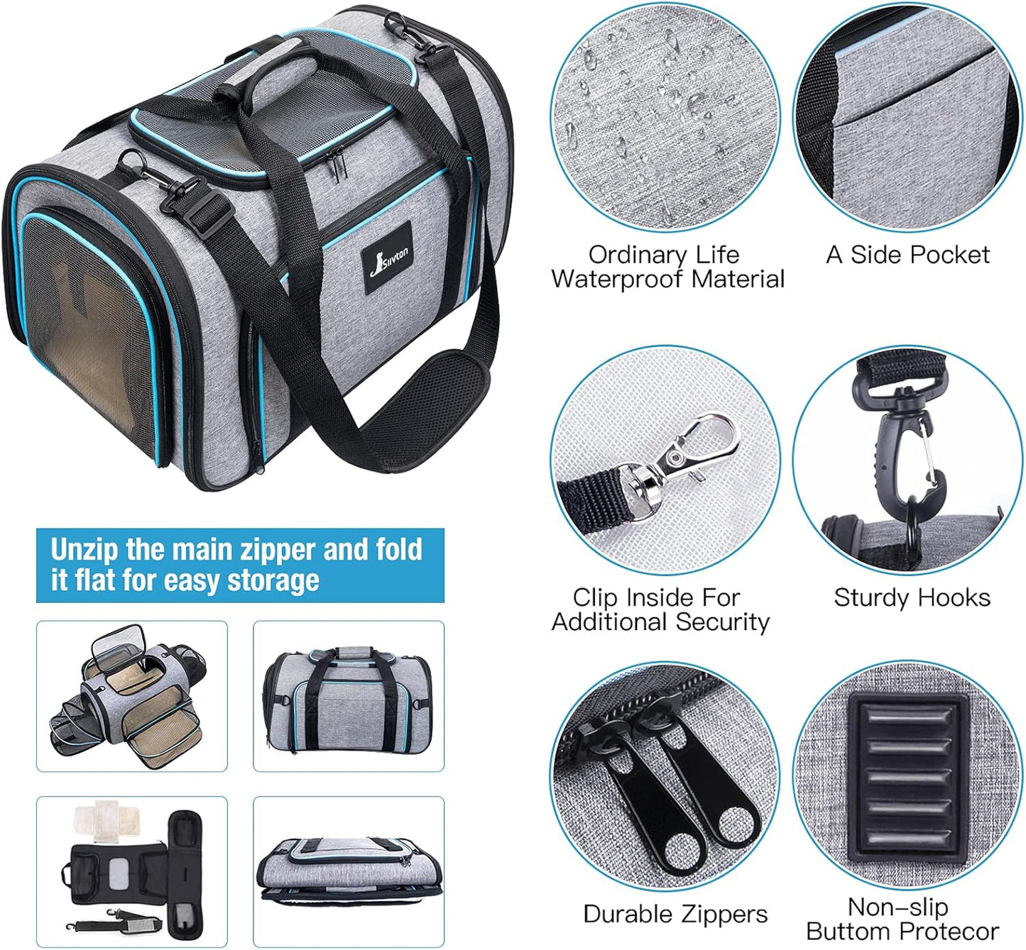 Siivton Pet Carrier Airline Approved, 4 Sides Expandable Cat Carrier Bag with Removable Fleece Pad, Large Soft Sided Pet Travel Carrier, Dog Carrier for Cats, Puppy and Small Dogs