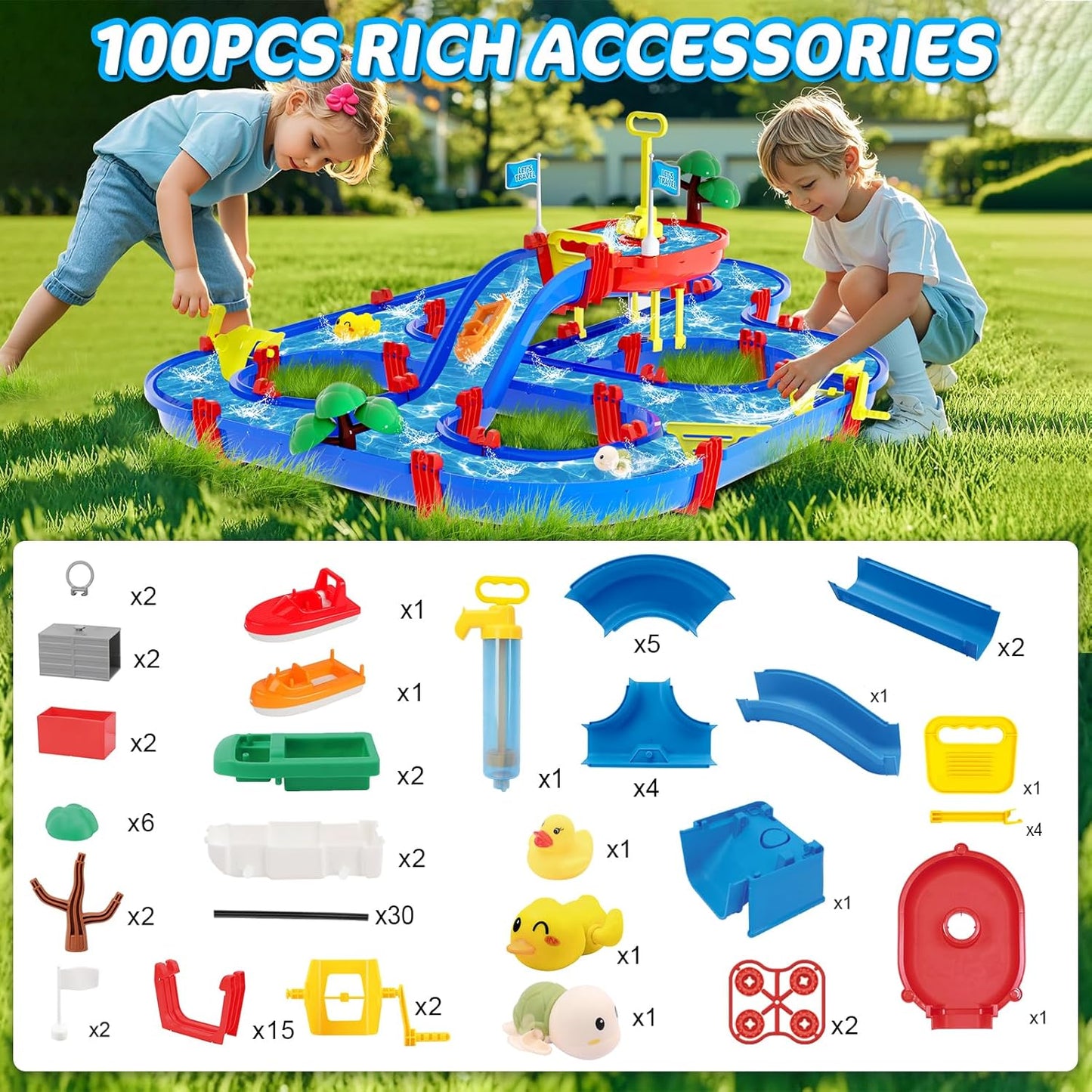 Double-Tier Kids Water Table Toys, 100PCS Water Park Playset with Pump, DIY Toddler Waterways, Summer Outdoor Toys for Backyard,Lawn,Beach,Pool, Outside Activity Funs for Boys Girls 4-8 3-5