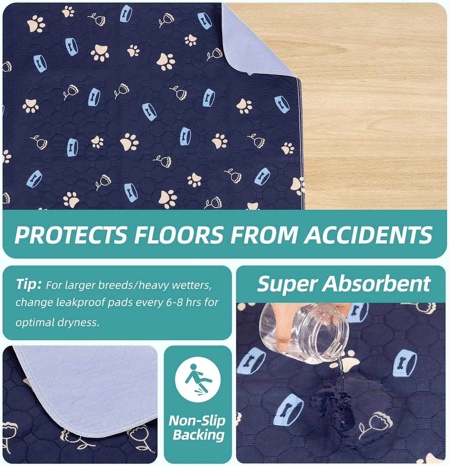 Washable Dog Pee Pads - Reusable, Ultra Absorbent & Leak-Proof Puppy Training Pads with Non-Slip Backing for Sofa, Playpens & Indoor Potty Training Blue ((18*24 Inch (Pack of 2)))