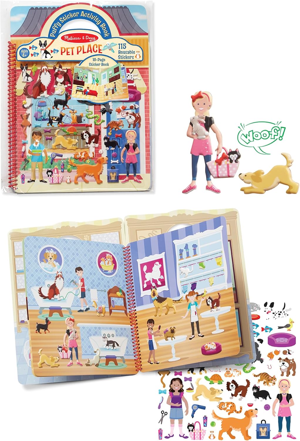 Melissa & Doug Pet Place Puffy Sticker Activity Book – 115 Reusable Stickers with 10 Background Scenes, Pet-Themed Mess Free Travel Toys for Kids Ages 4+ - FSC Certified