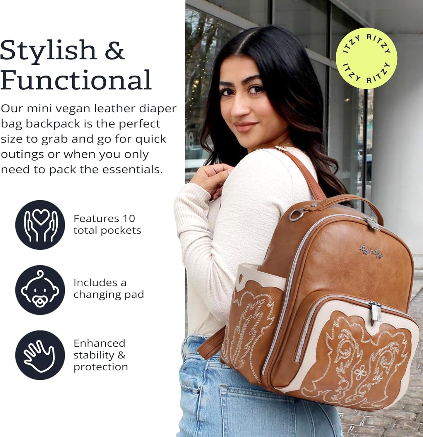 Itzy Ritzy Mini Diaper Bag Backpack – Chic, Compact Mini Plus Backpack with Changing Pad, 10 Pockets (6 Internal, 4 External), Grab-Top Handle & Rubber Feet (Saddle)