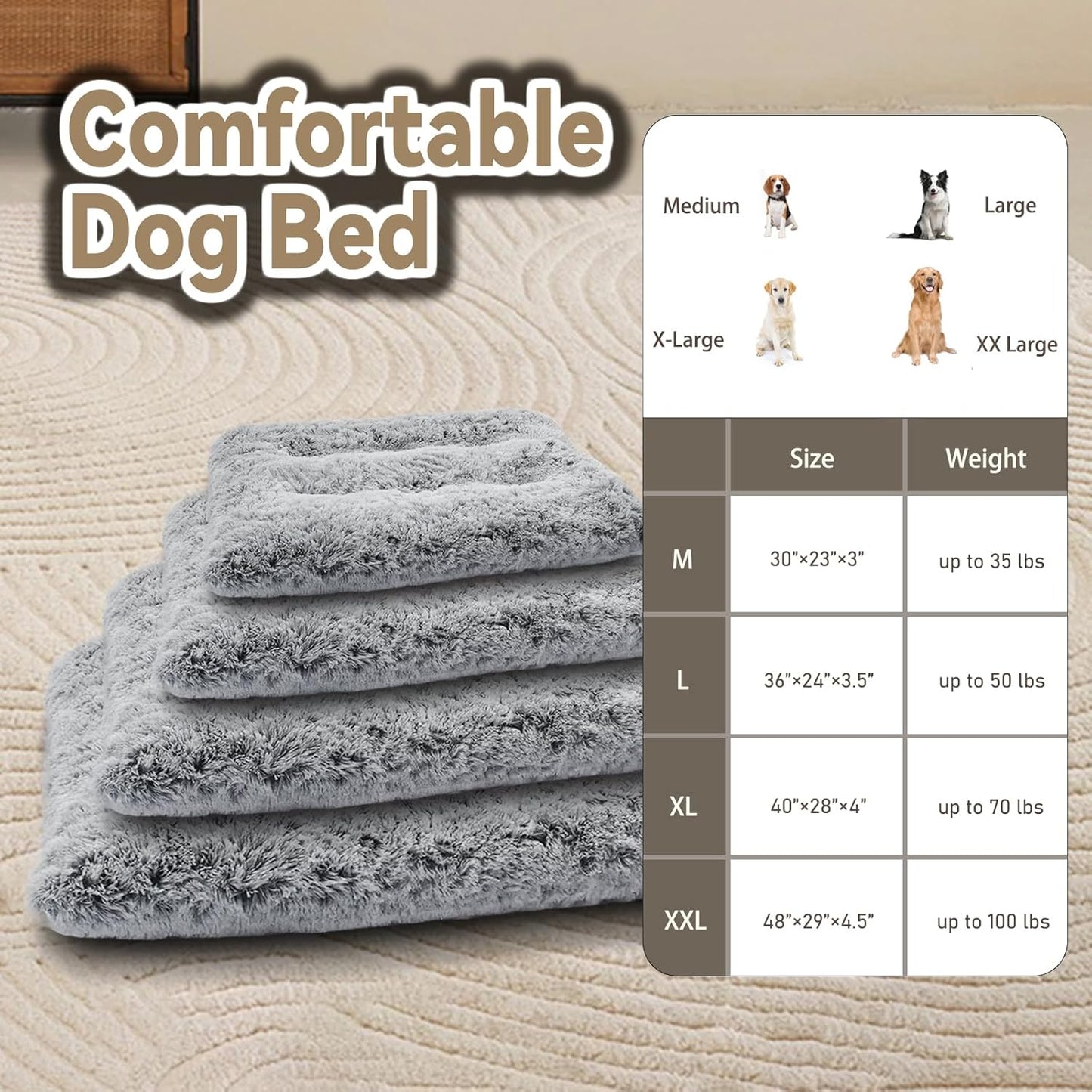 Dog Bed for Extra Large, Jumbo Dogs Breeds,Soft and Comfortable, Washable Plush Anti-Slip Pet Mat - Deluxe Fluffy Kennel Pad, Grey 48 X 29 in