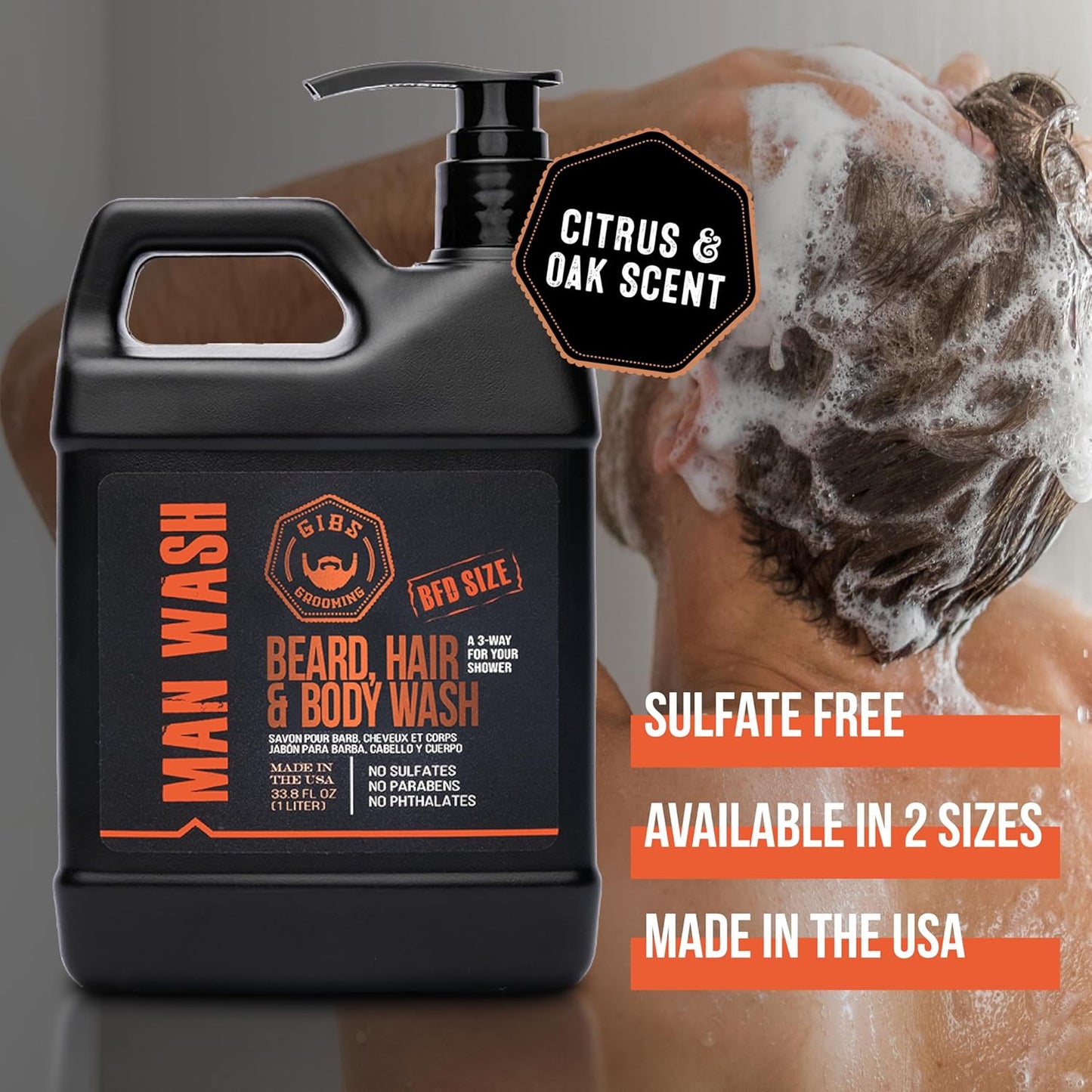 GIBS Grooming - Man Wash 3-in-1 Beard, Hair, Body Soap - Citrus, Oak, Basil Scent - Sulfate Free - Tea Tree Oil, Hemp Oil, Protein - Mens Body Wash & Mens Shampoo - Made in USA