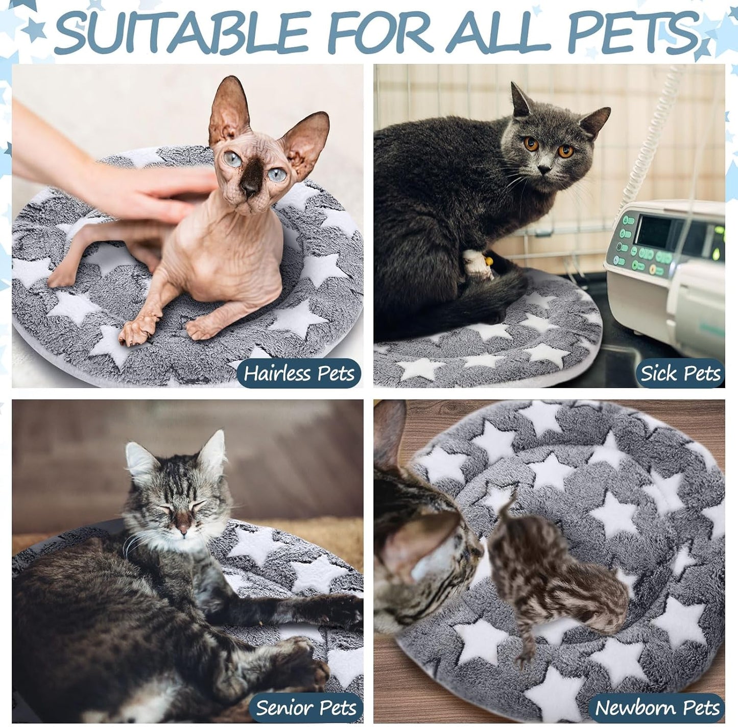 VitalCozy 2 Pack Self Heating Cat Pad Self Heating Cat Bed Machine Washable Heat Pet Mat Reversible Body Thermal Warm Round Dog Bed Crate Blanket for Feral and Indoor Cats(16'',Large Star)